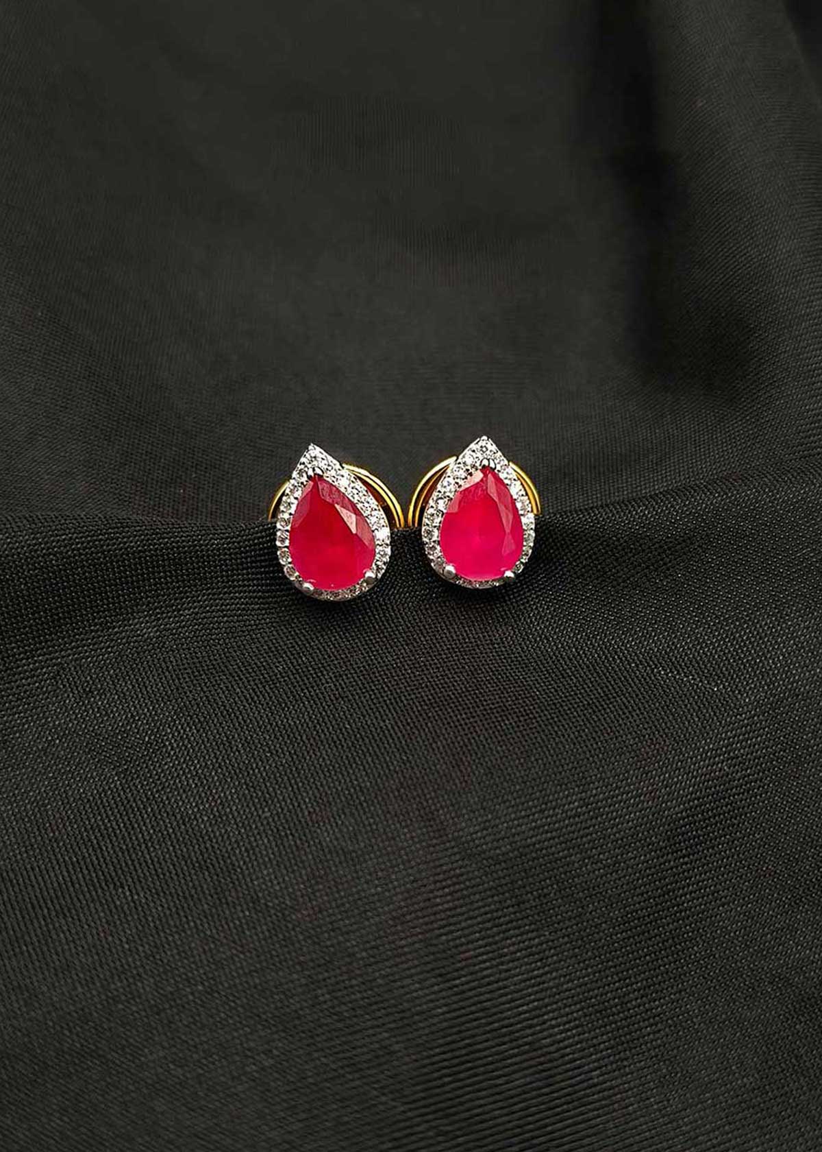 Drop Shape Ruby And Cubic Zircon Silver Plated Small Stud Earrings