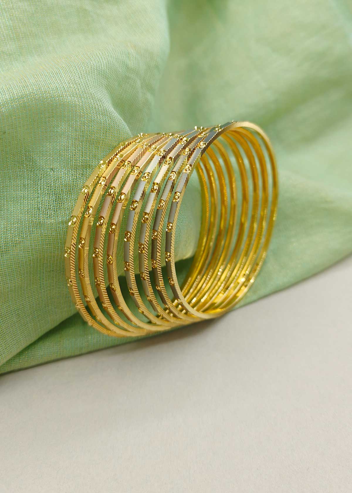 1 Gram Gold Try Color Studded Motif Slim Fixed Bangles (8Pcs)