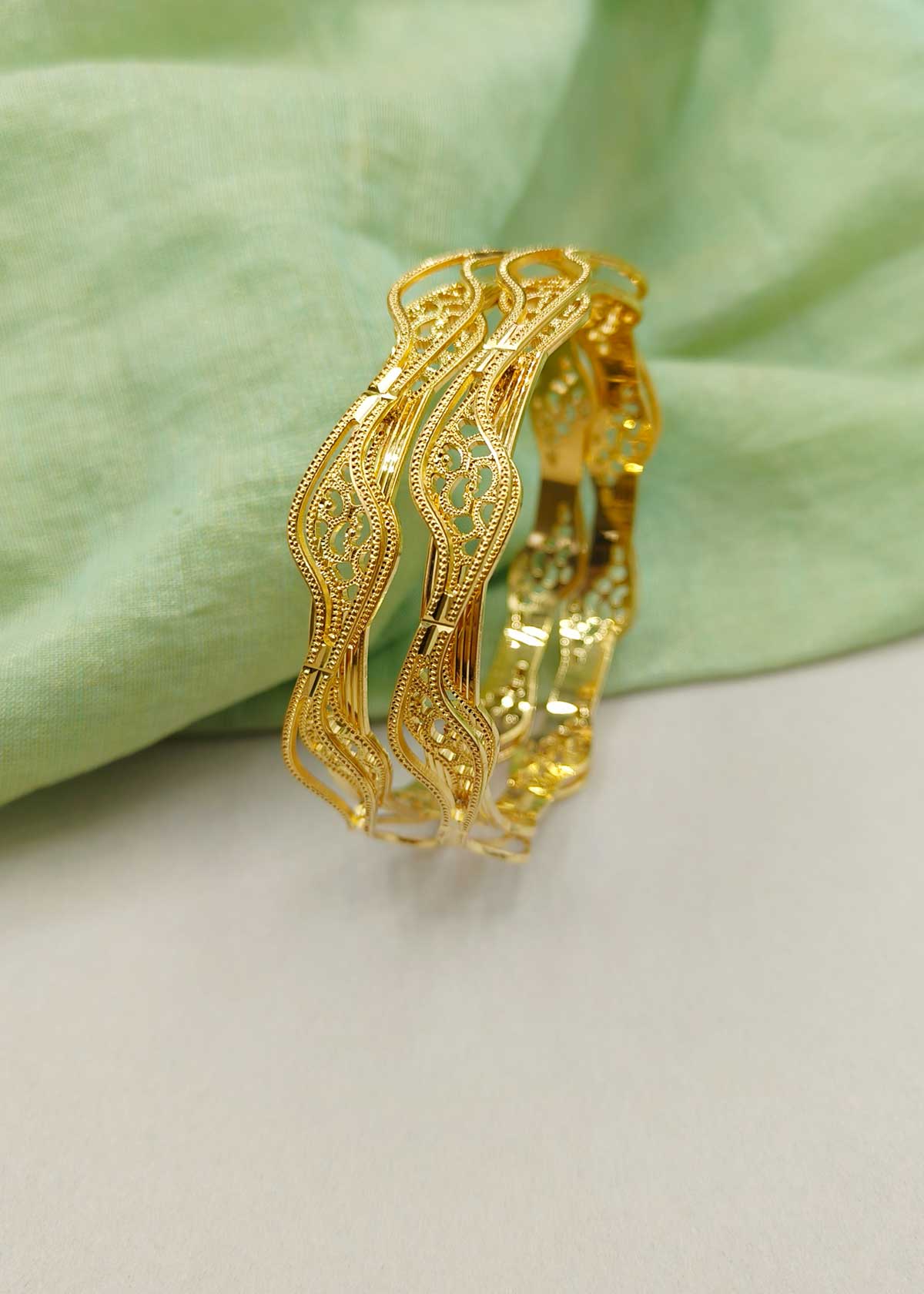 Elegant 1 Gram Gold Plated Floral Filigree Wave Fixed Bangles (2Pcs)