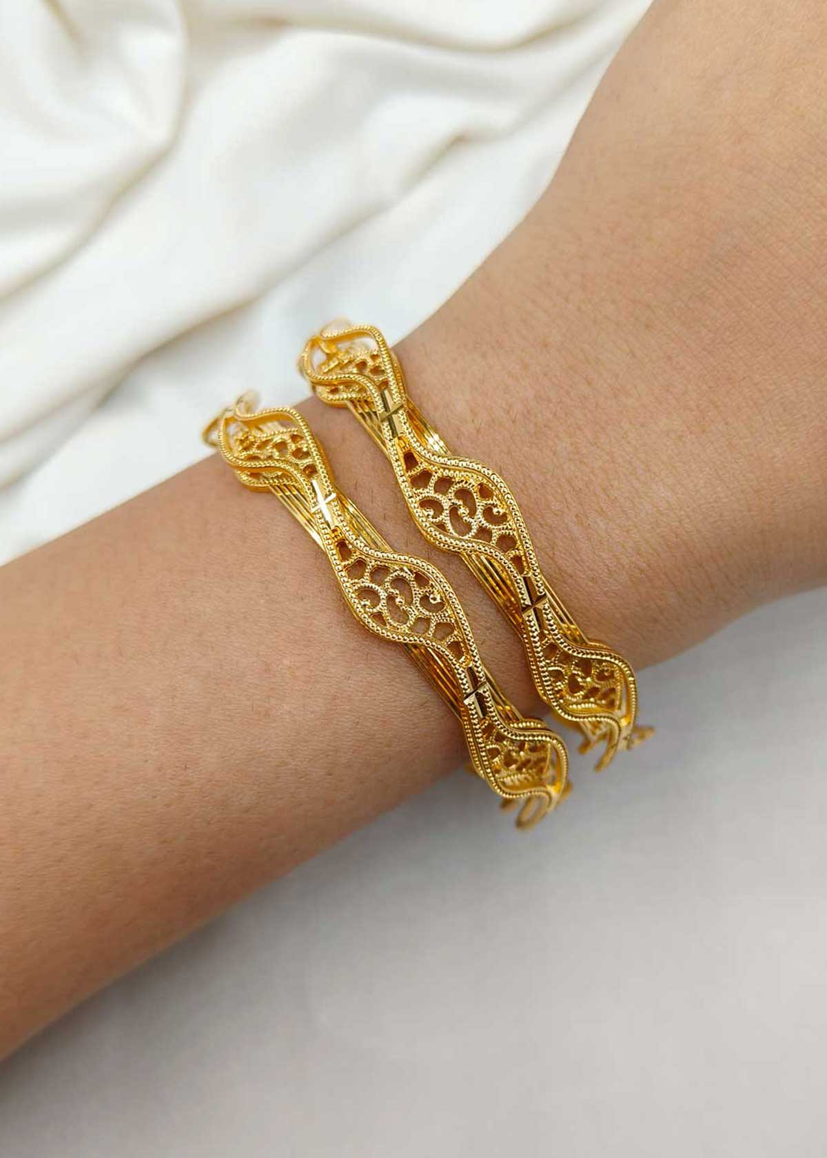 Elegant 1 Gram Gold Plated Floral Filigree Wave Fixed Bangles (2Pcs)