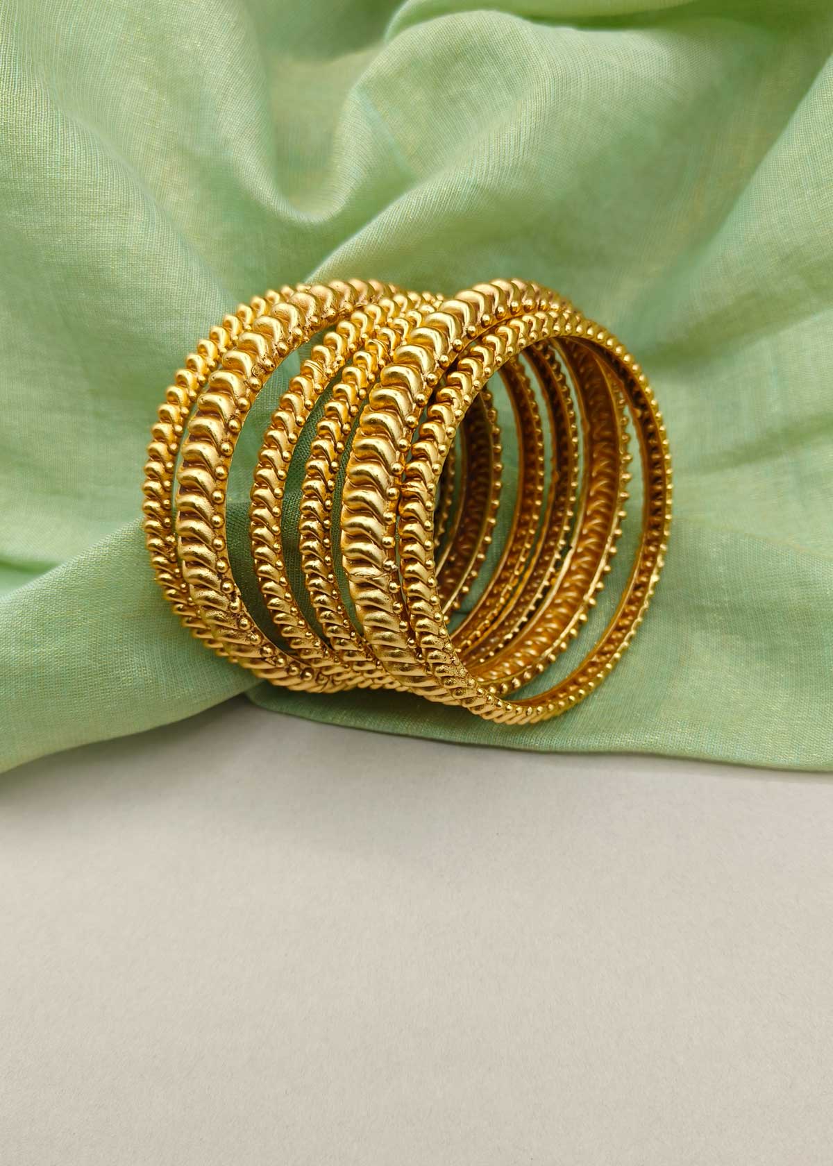 Heritage Wave Pattern Antique Gold Fixed Bangles With Beaded Border Detail (6Pcs)