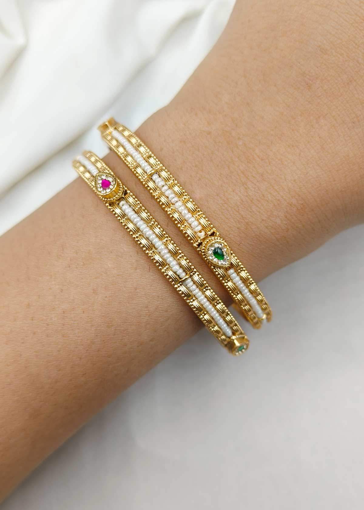 Matte Gold Pearl Seed & Cubic Zircon Fixed Bangles With Colorful Stones (4Pcs)