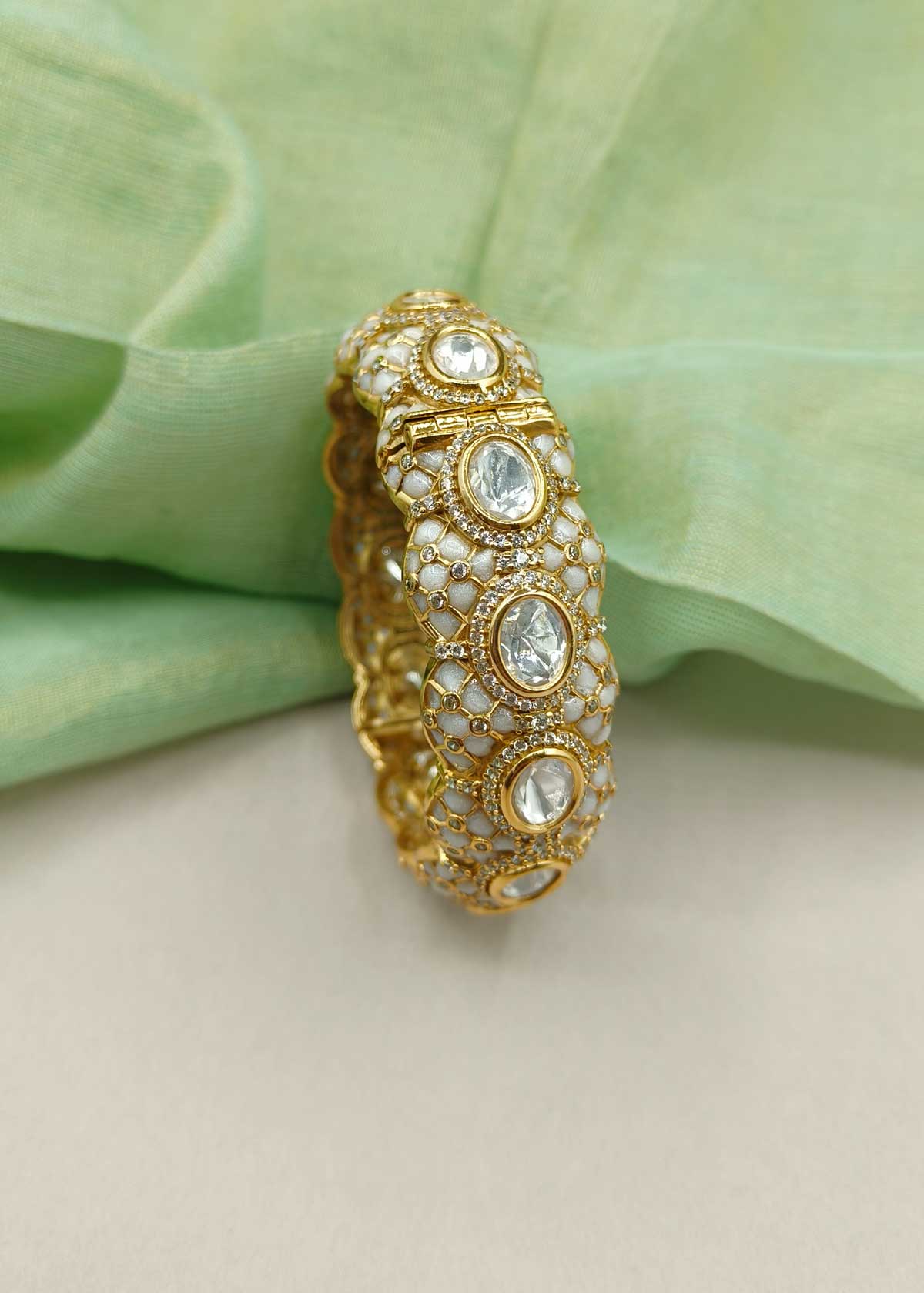 Exquisite Matte Gold Traditional Kundan, Cubic Zircon & Meenakari Openable Kada Bangle