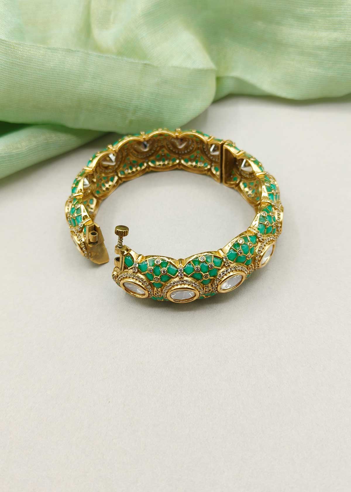 Exquisite Matte Gold Traditional Kundan, Cubic Zircon & Meenakari Openable Kada Bangle