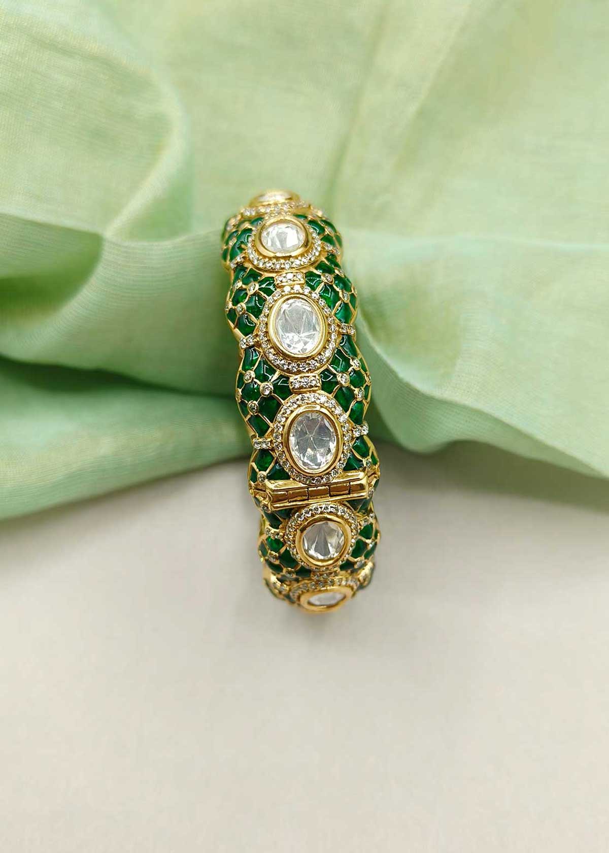 Exquisite Matte Gold Traditional Kundan, Cubic Zircon & Meenakari Openable Kada Bangle