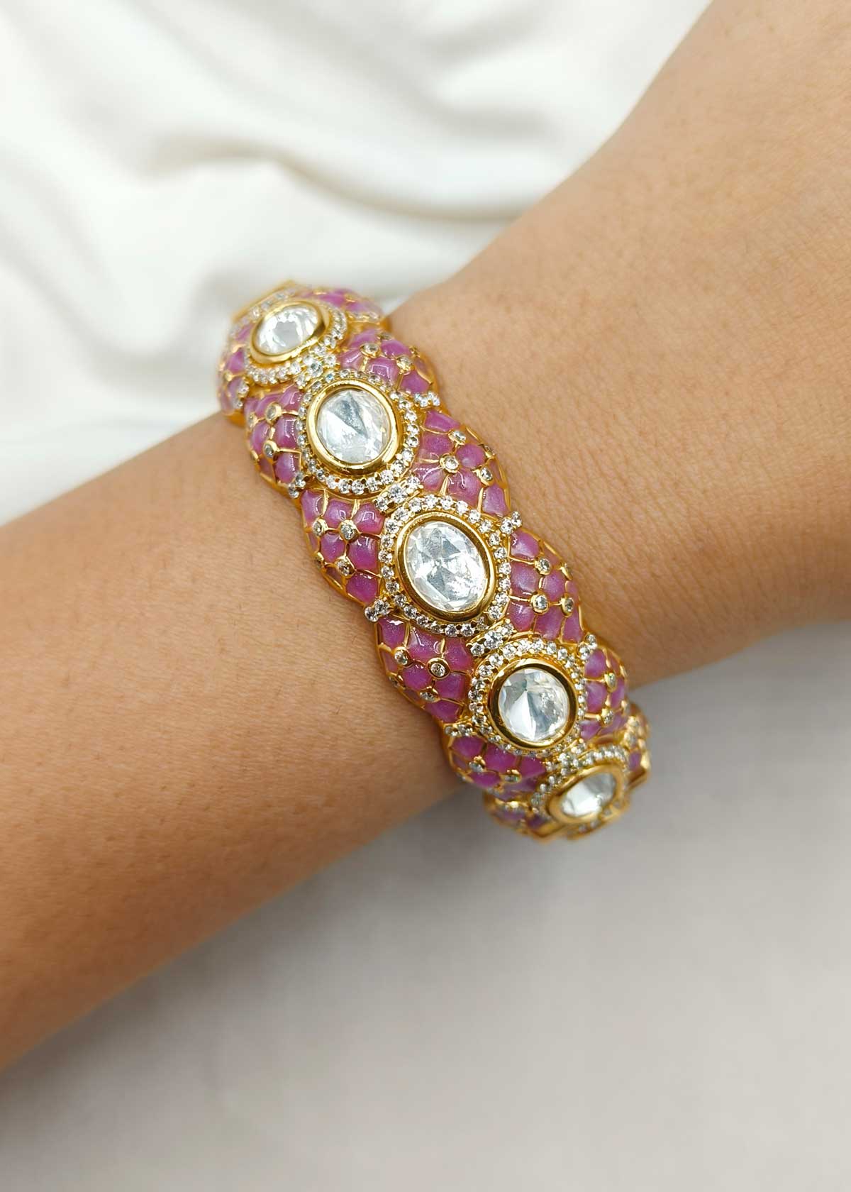 Exquisite Matte Gold Traditional Kundan, Cubic Zircon & Meenakari Openable Kada Bangle