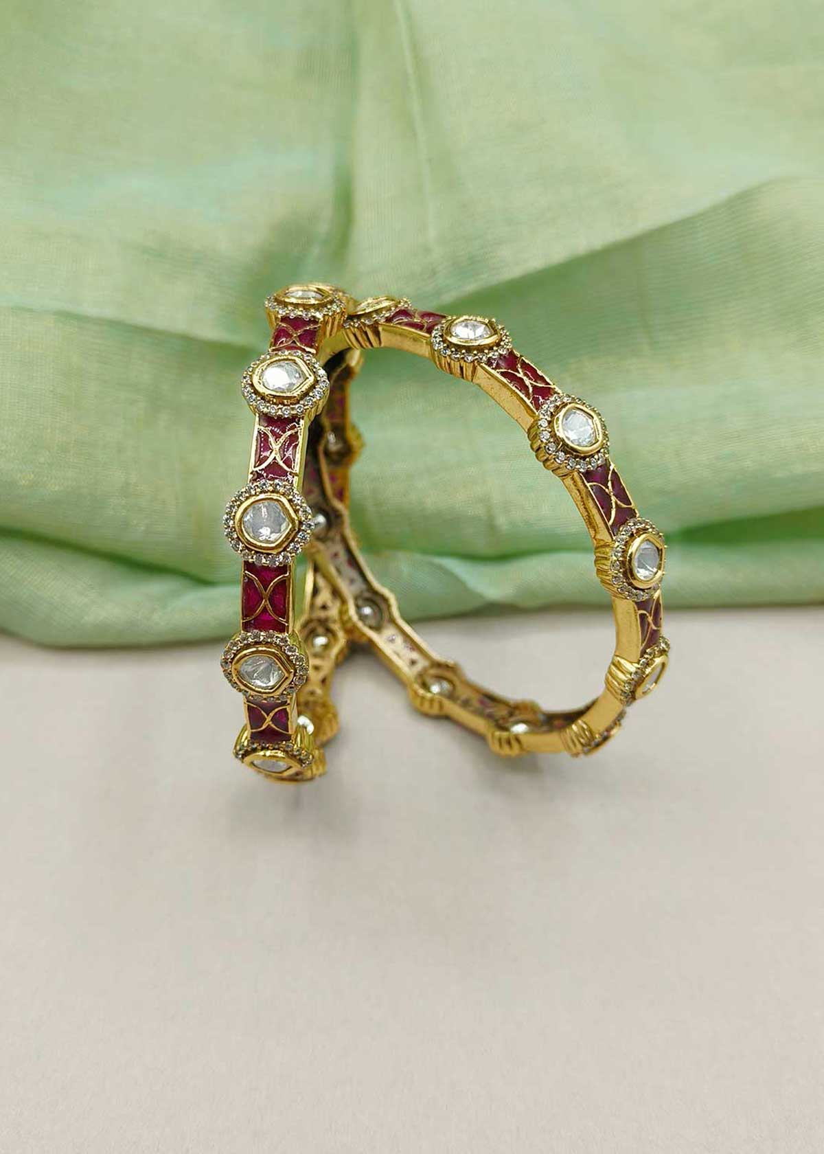 Heritage Antique Gold Plated Meenakari & Kundan, Cubic Zircon Fixed Bangles (Pair)