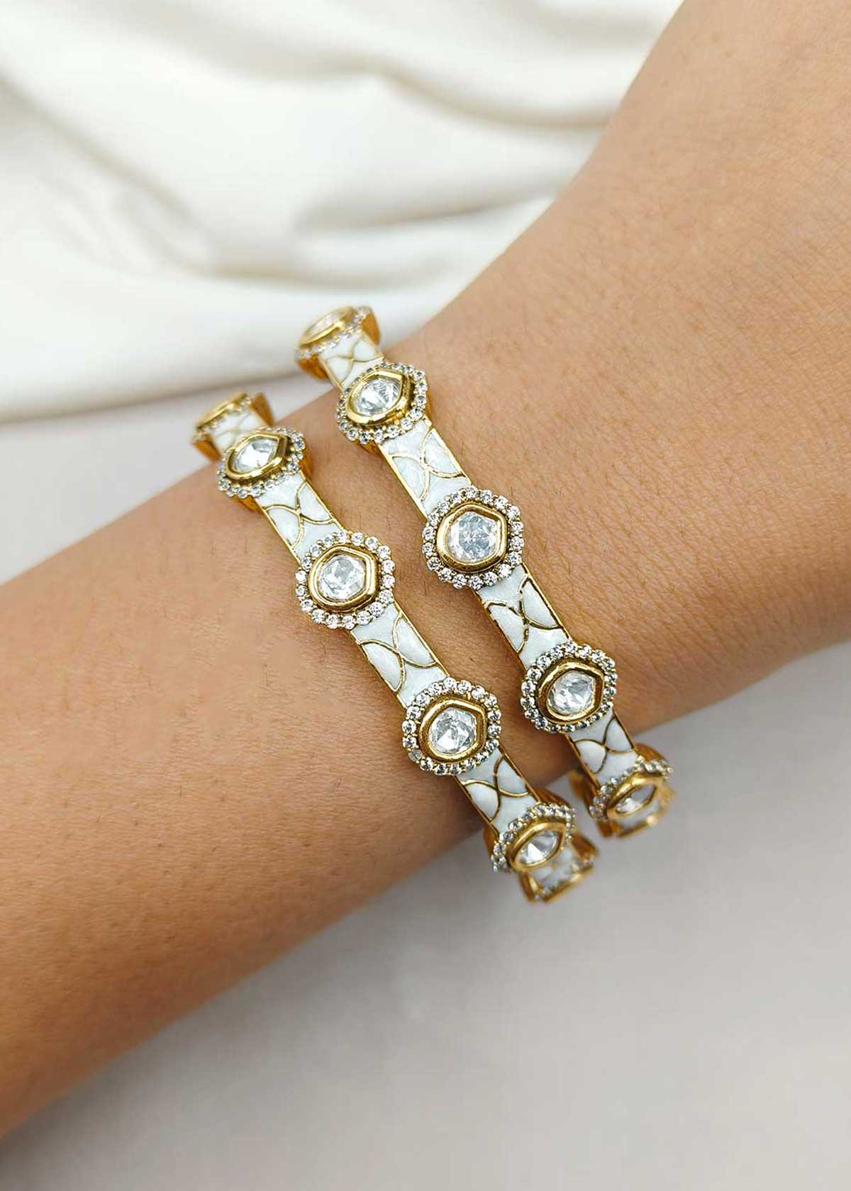 Heritage Antique Gold Plated Meenakari & Kundan, Cubic Zircon Fixed Bangles (Pair)