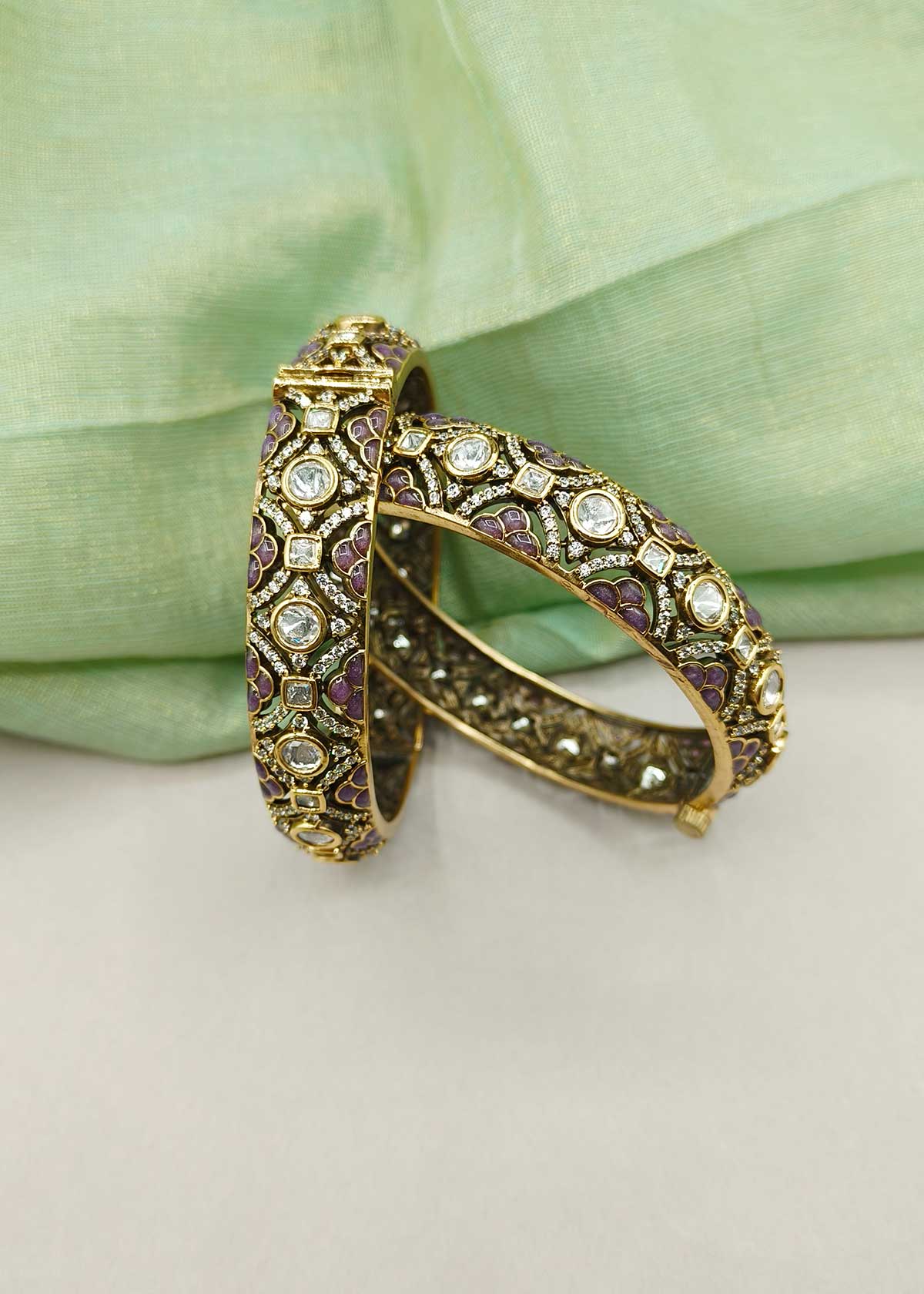 Premium Antique Gold Plated Meenakari & Kundan Openable Bangles With Cubic Zircon (Pair)