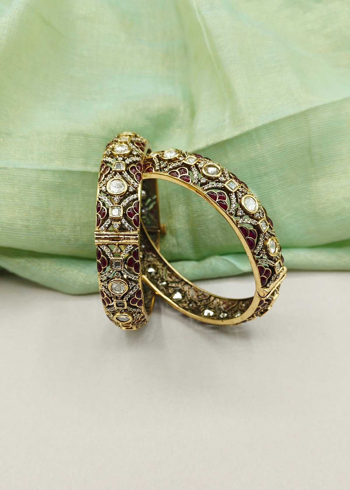 Premium Antique Gold Plated Meenakari & Kundan Openable Bangles With Cubic Zircon (Pair)