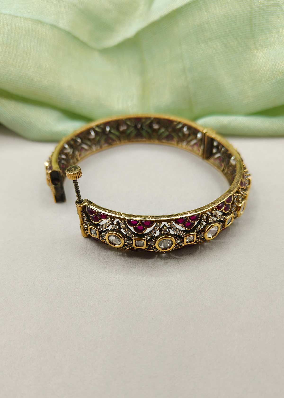 Premium Antique Gold Plated Meenakari & Kundan Openable Bangles With Cubic Zircon (Pair)