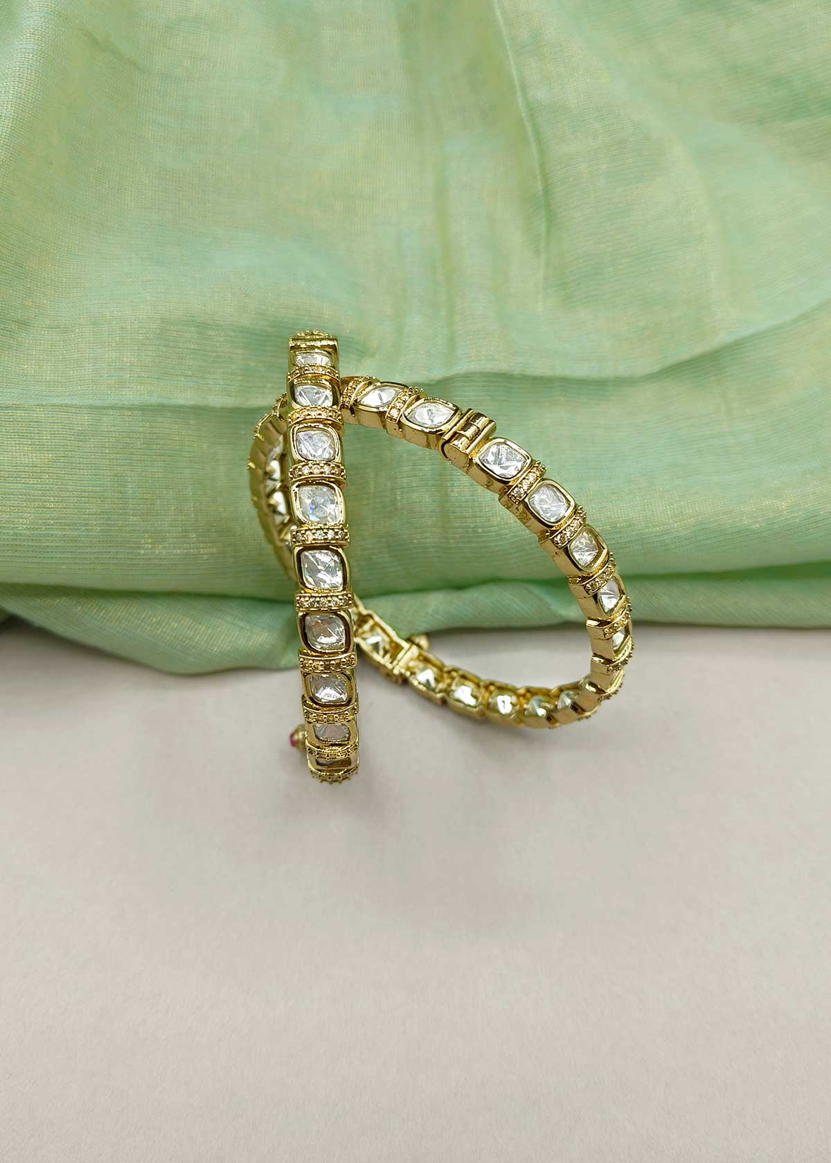 Traditional Matt Gold Openable Bangles With Polki Style Kundan Work (Pair)