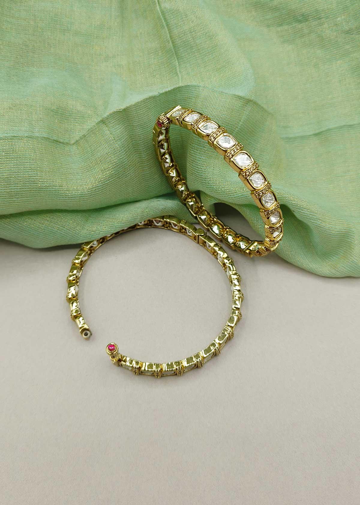 Traditional Matt Gold Openable Bangles With Polki Style Kundan Work (Pair)
