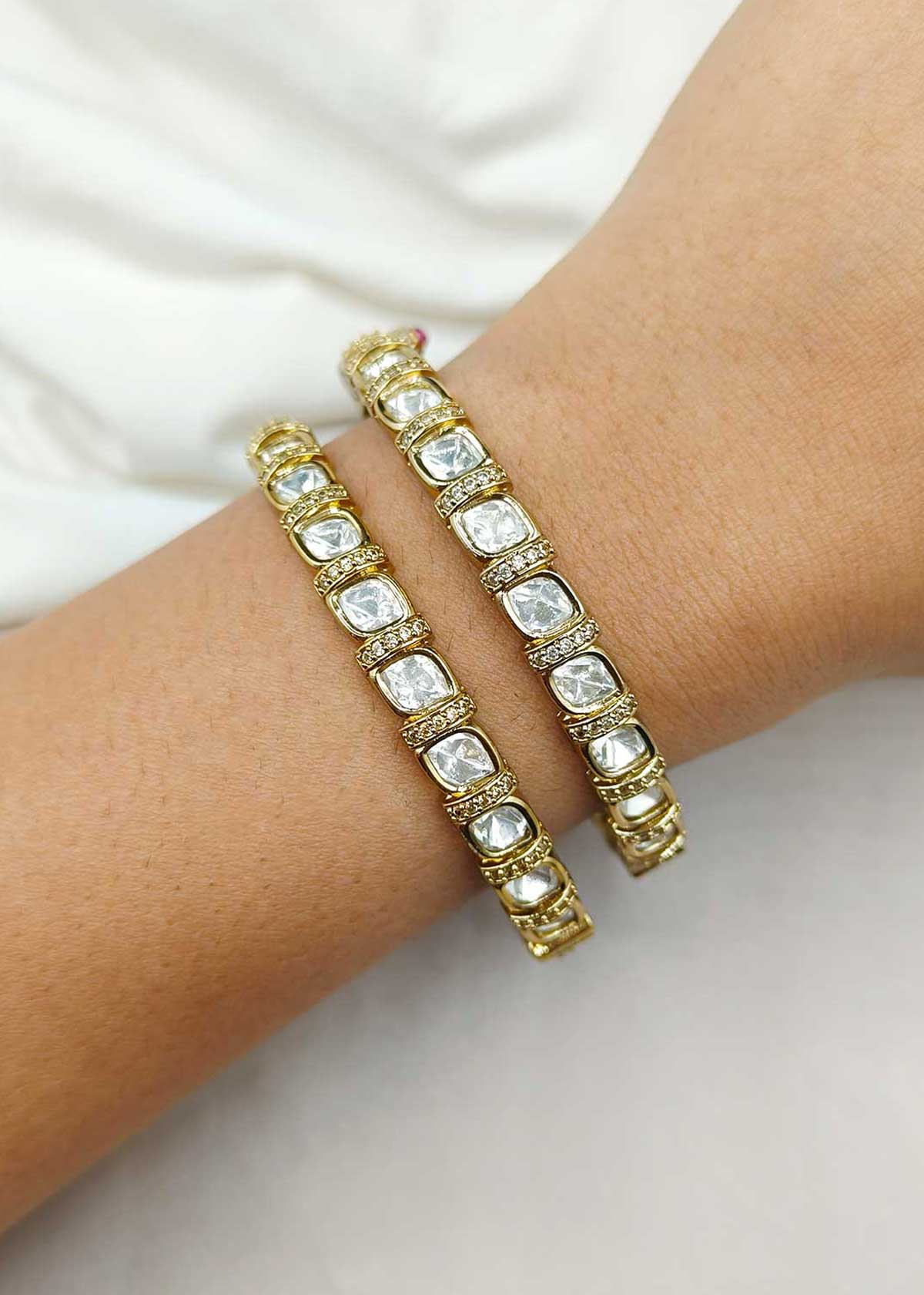 Traditional Matt Gold Openable Bangles With Polki Style Kundan Work (Pair)