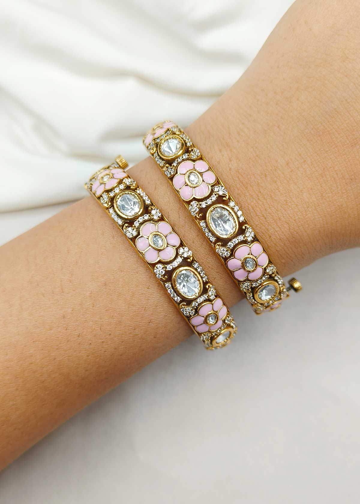 Regal Matte Gold Plated Meenakari And Kundan With Cubic Zircon Openable Bangles (Pair)