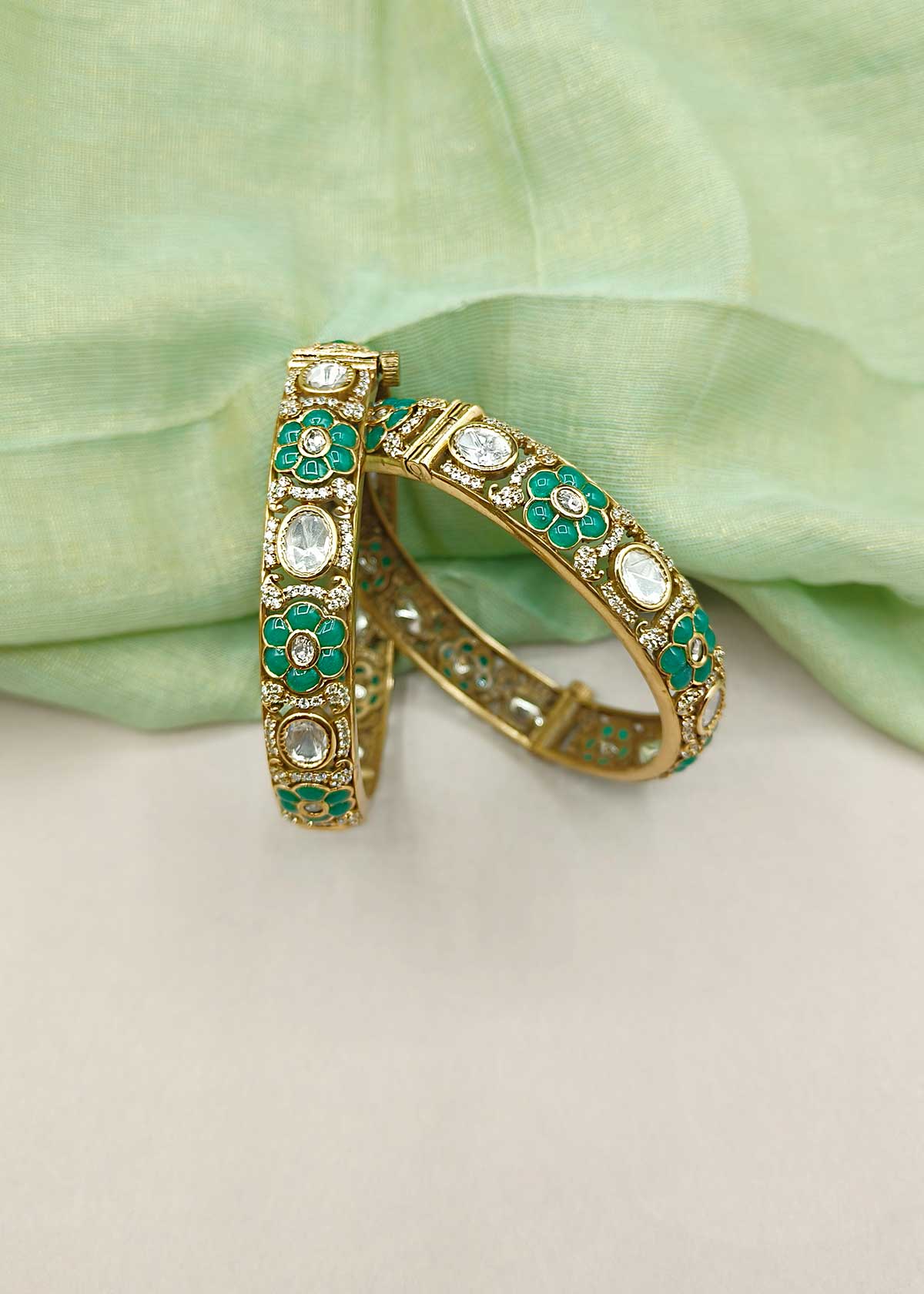 Regal Matte Gold Plated Meenakari And Kundan With Cubic Zircon Openable Bangles (Pair)