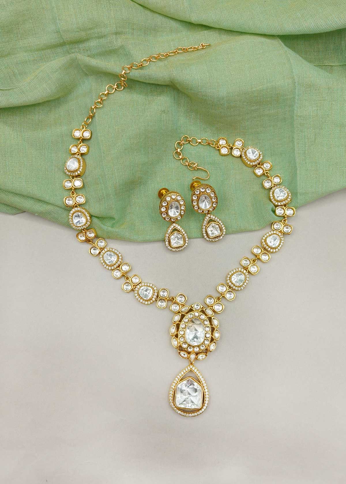 Regal Matt Gold Plated Kundan And Cubic Zircon Adjustable Necklace Set