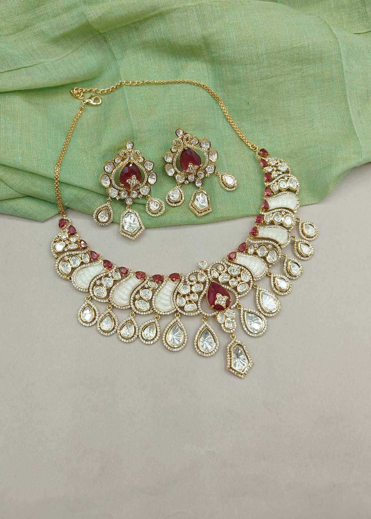 Royal Gold Plated Ruby, Emerald, Kundan & Cubic Zircon Mother Of Pearl Short Necklace Set