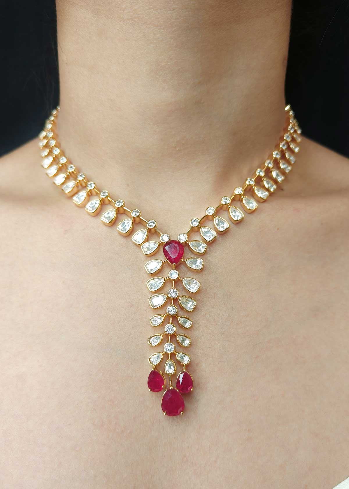Traditional Kundan & Drop Shape Ruby Diamond Gold Plated Short Necklace Set