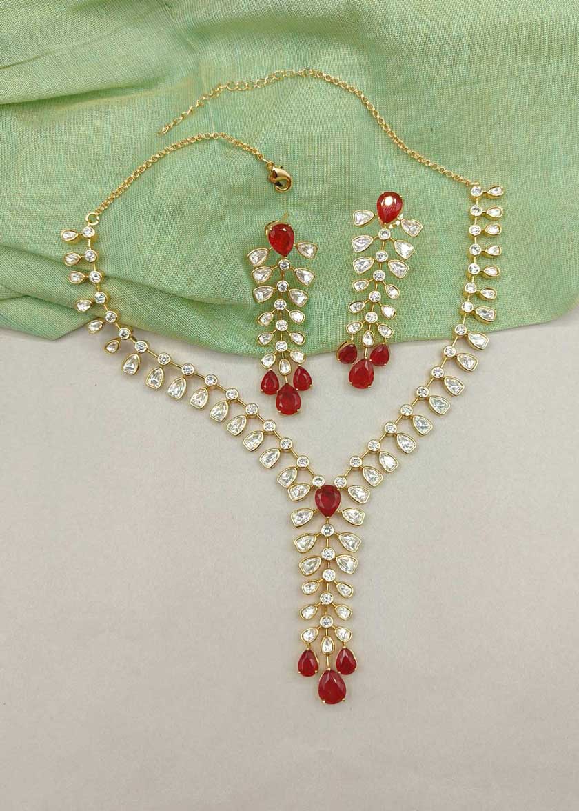 Traditional Kundan & Drop Shape Ruby Diamond Gold Plated Short Necklace Set