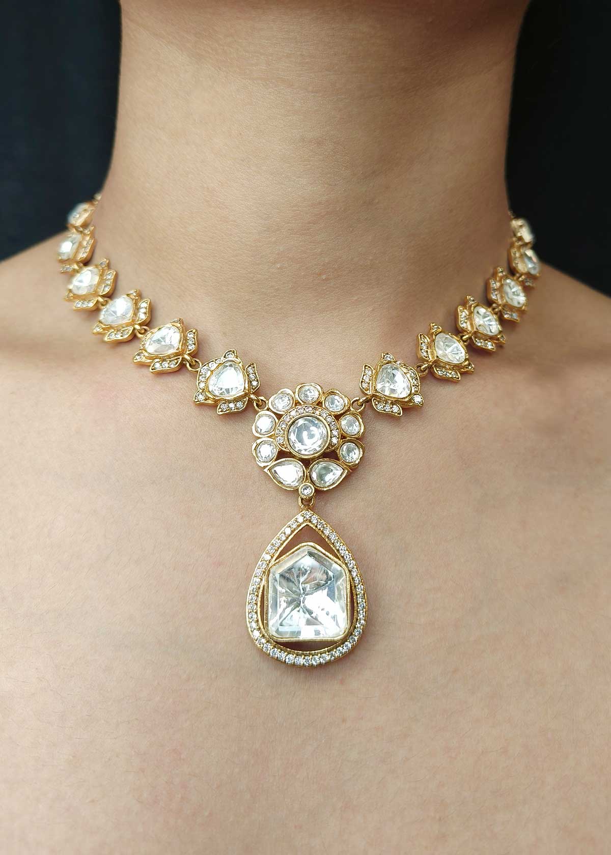 Elegant Matt Finish Polki Style Kundan Short Necklace Set With Shimmering Cubic Zircon