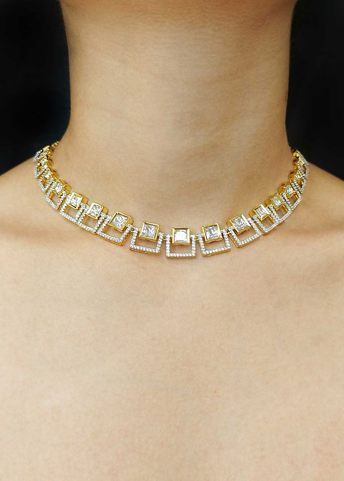 Geometric Square Kundan & Cubic Zircon Dual Tone Adjustable Short Necklace