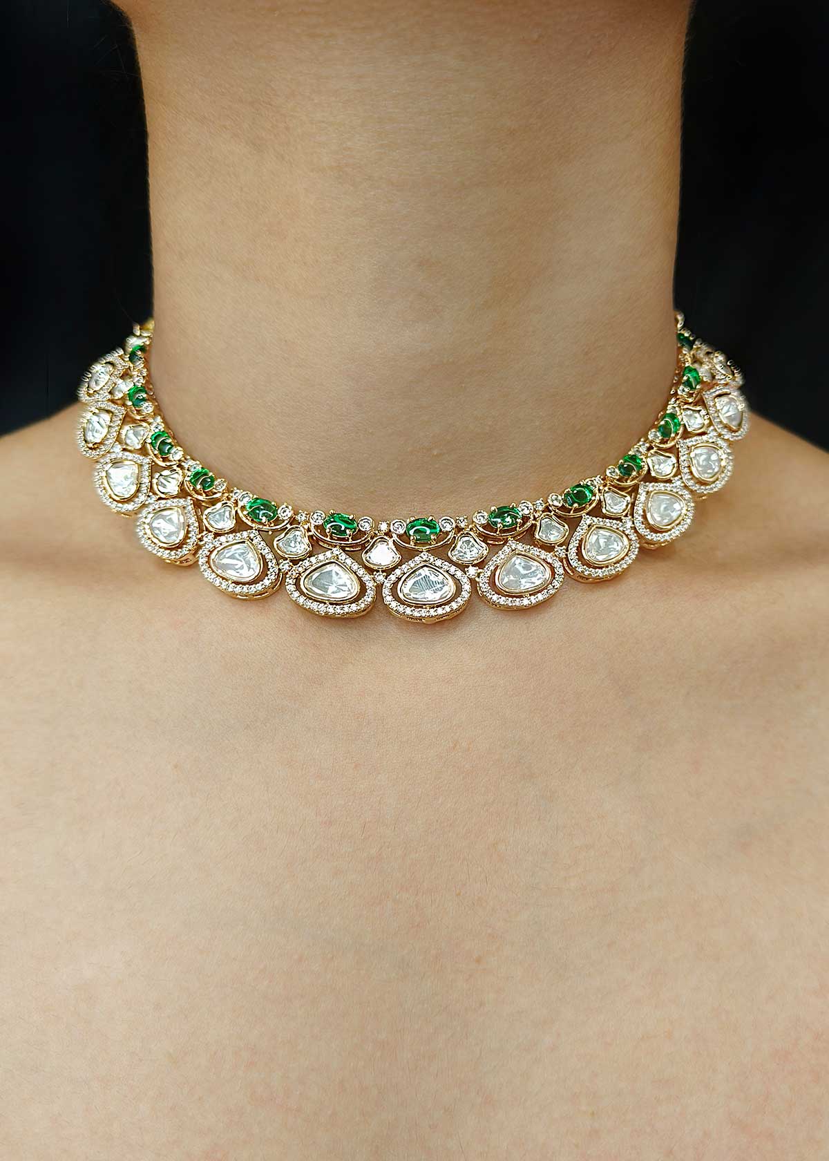 Vibrant Green Cubic Zircon And Kundan Fully Adjustable Short Necklace Set