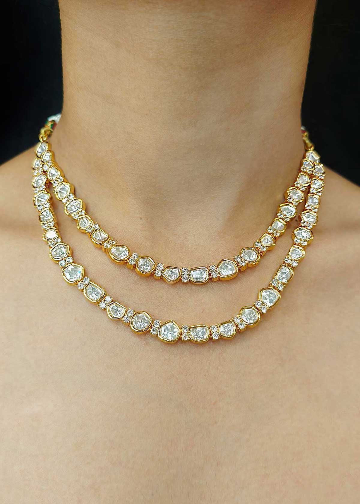Elegant Dual Layer Gold Plated Kundan And Cubic Zircon Adjustable Short Necklace Set