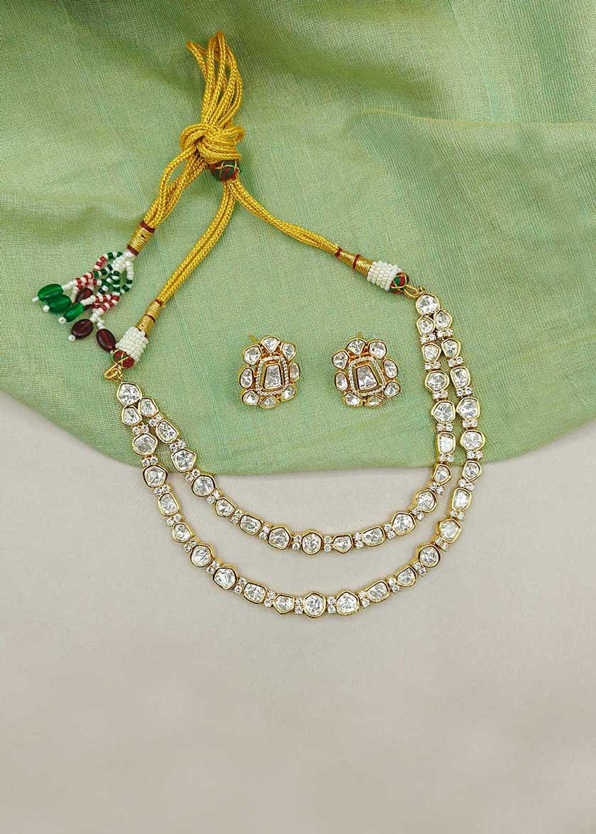 Elegant Dual Layer Gold Plated Kundan And Cubic Zircon Adjustable Short Necklace Set