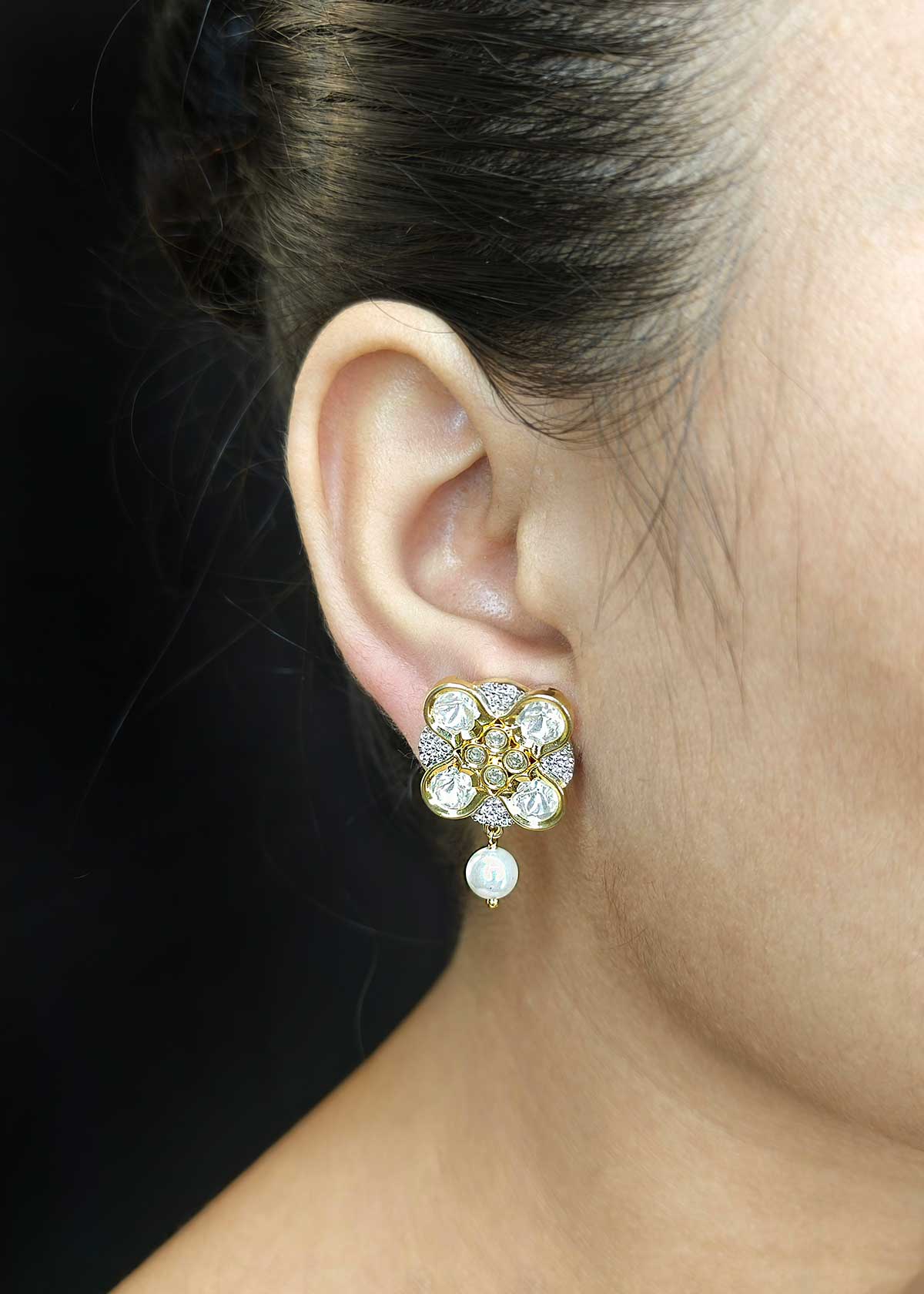 Dual Toned Kundan & Pearl Droplet Adjustable Short Necklace Set With Cubic Zircon Accents