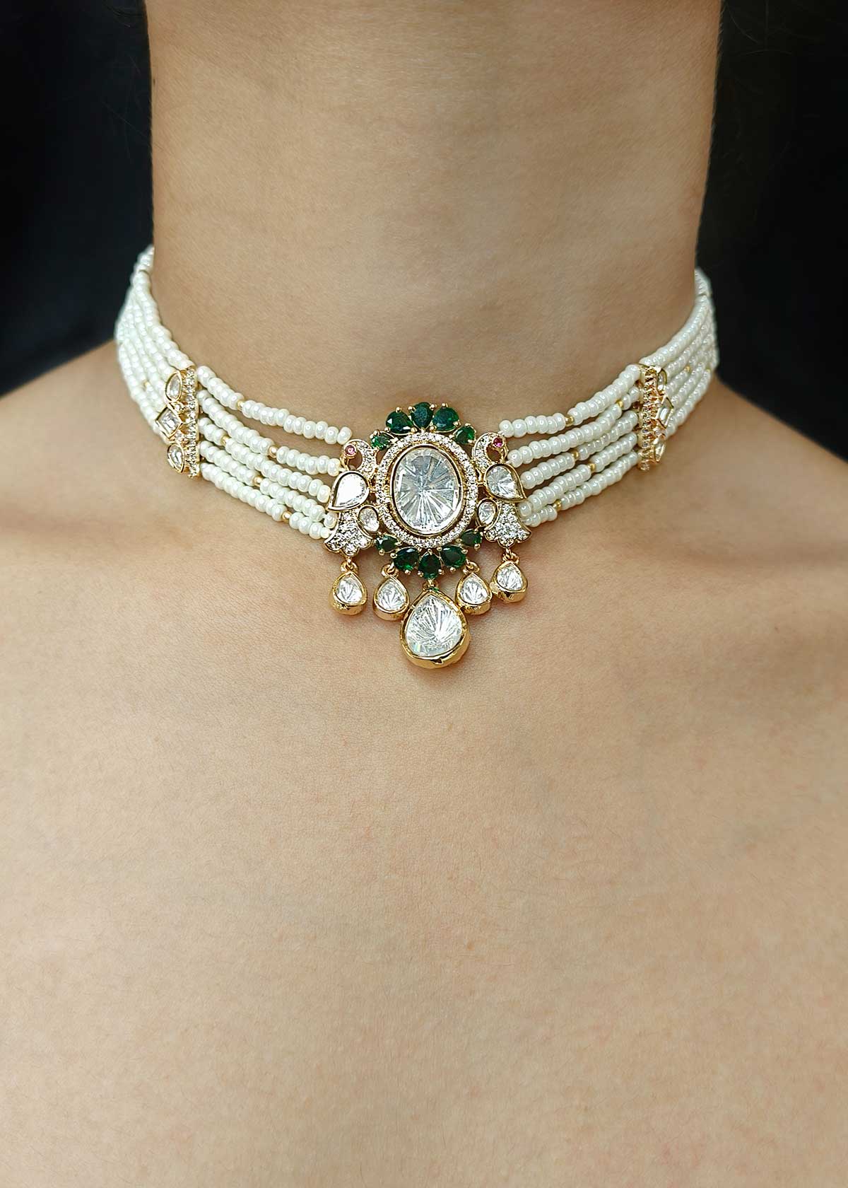 Stunning Floral Kundan And Five Row Seed Pearl Adjustable Short Necklace Set With Cubic Zircon