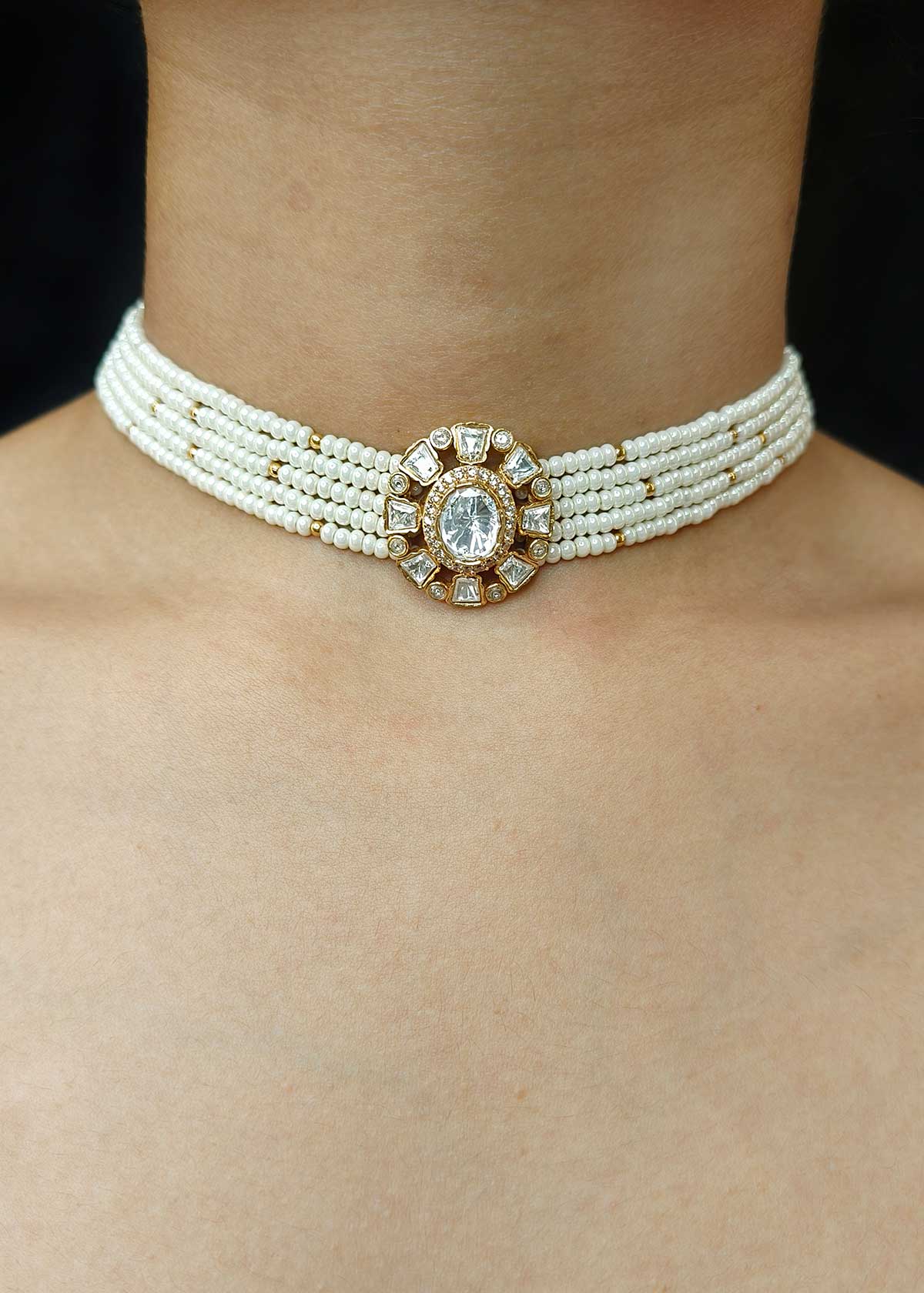 Heritage Matt Gold Layered Seed Pearl & Kundan Choker Necklace Set With Cubic Zircon Accents