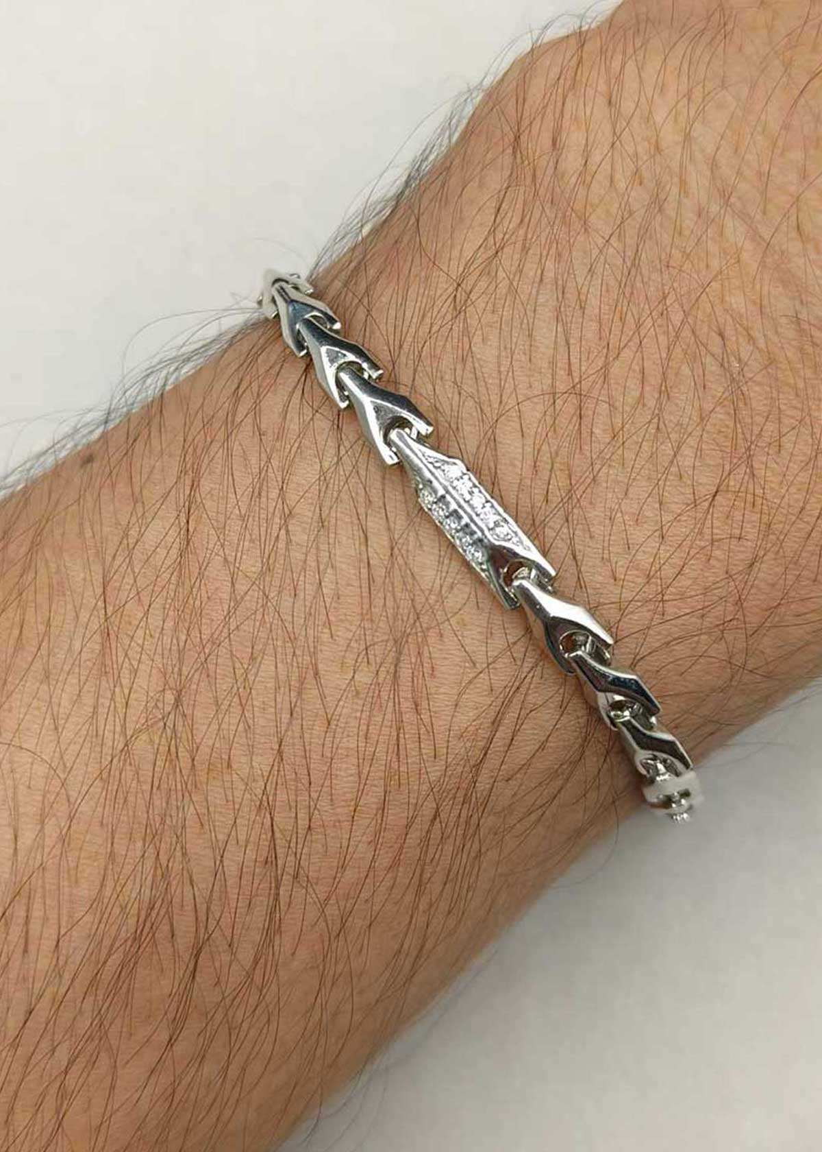 92.5 Sterling Silver Cubic Zircon Geometric Link Men's Loose Bracelet