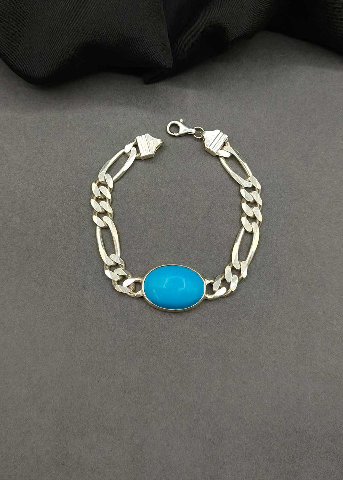 92.5 Sterling Silver Men's Figaro Chain Loose Bracelet With Turquoise Stone