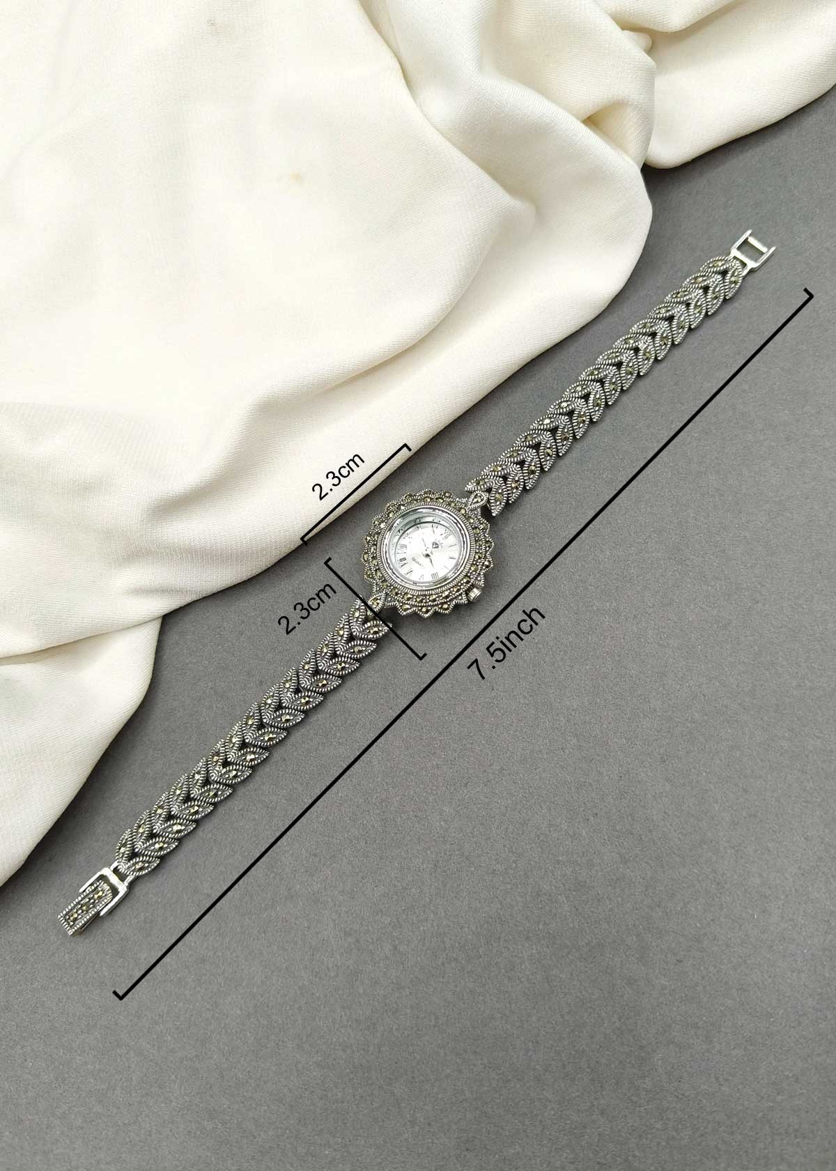 92.5 Sterling Silver Marcasite Round Floral Oxidized Women Watch