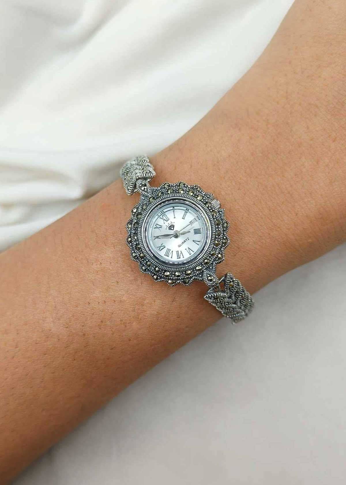 92.5 Sterling Silver Marcasite Round Floral Oxidized Women Watch