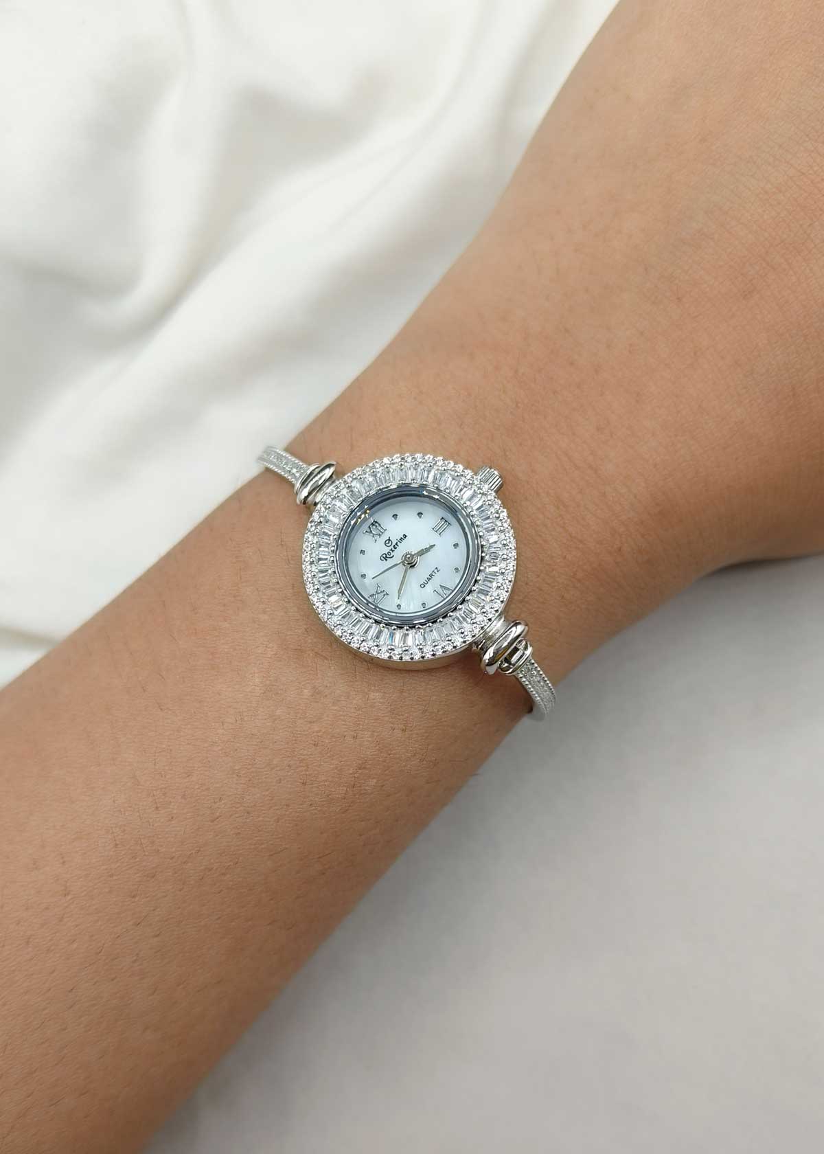 92.5 Sterling Silver Round Cubic Zircon & Baguette Diamond Women's Watch