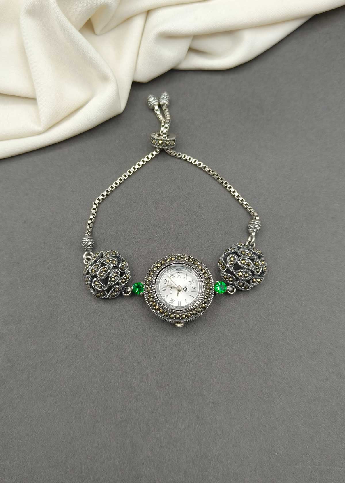 92.5 Sterling Silver Oxidized Marcasite Adjustable Slider Watch For Women