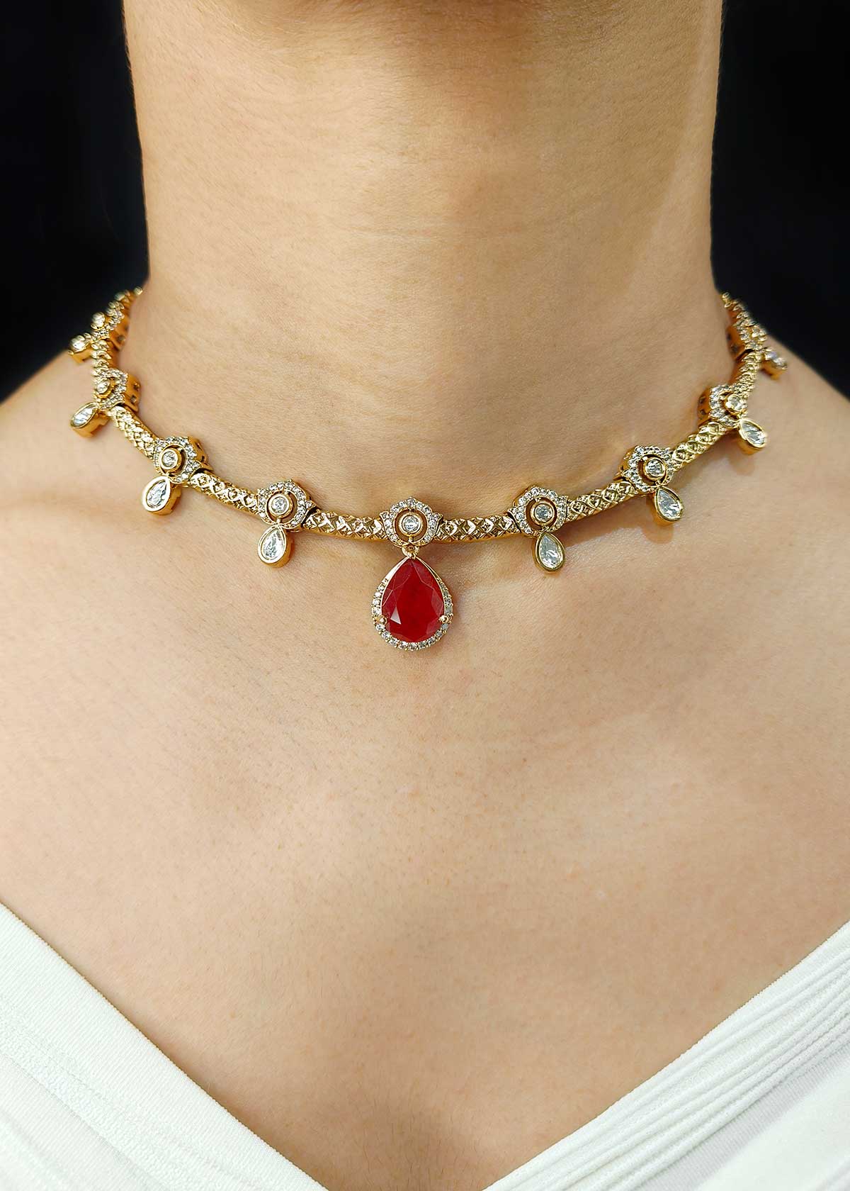 Gold Plated Kundan & Teardrop Gemstone Fully Adjustable Short Necklace Set With Cubic Zircon Accents