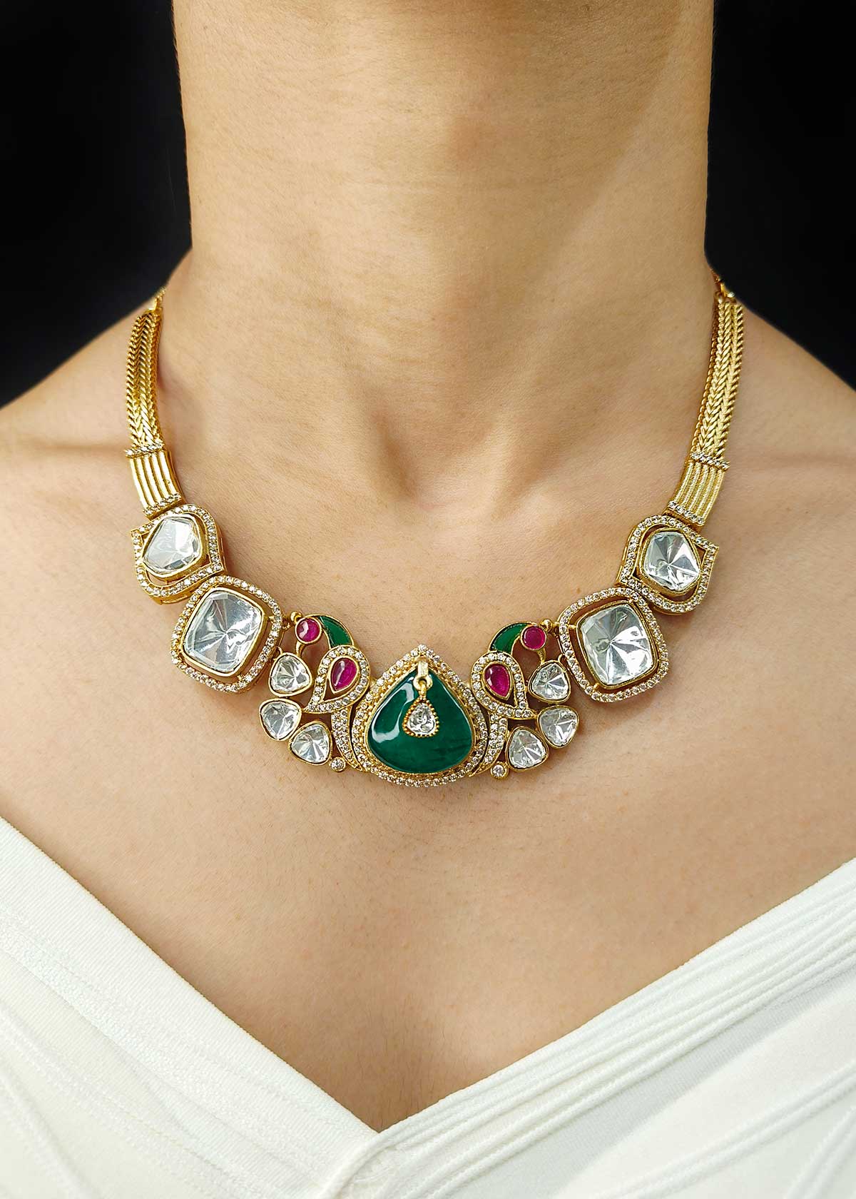 Matt Gold Plated Peacock Motif Cubic Zircon, Kundan Short Necklace Set