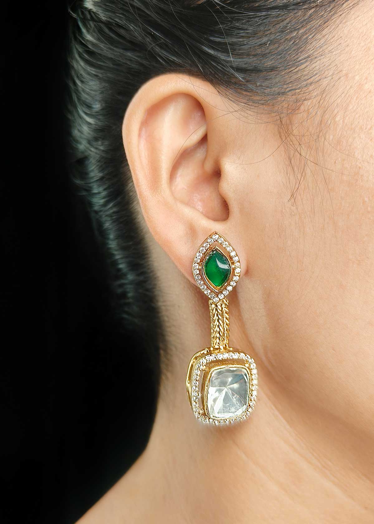 Matt Gold Plated Peacock Motif Cubic Zircon, Kundan Short Necklace Set