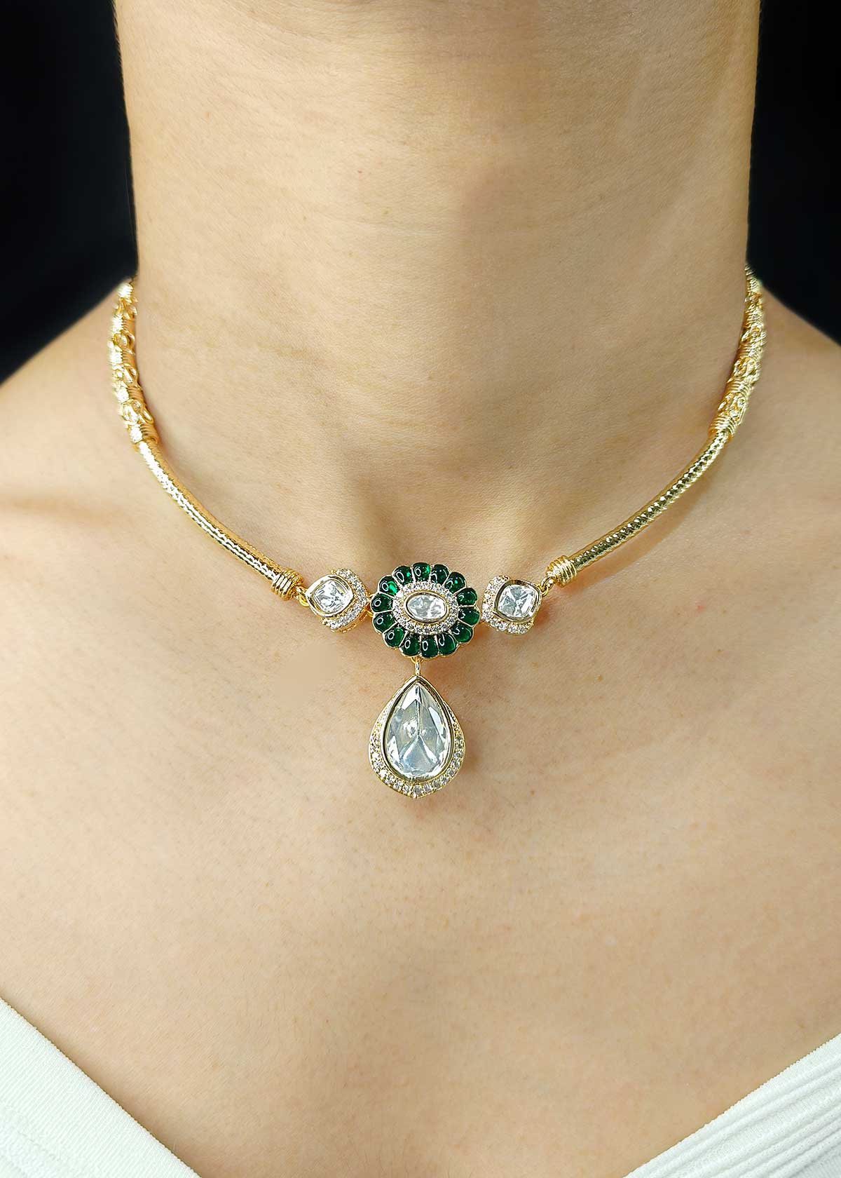 Radiant Gold Plated Cubic Zircon And Kundan Adjustable Short Necklace Set