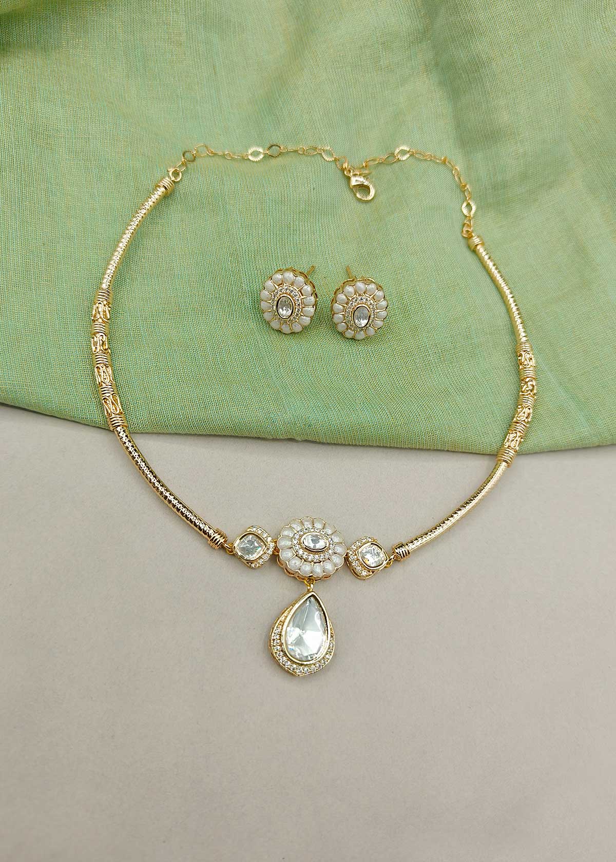 Radiant Gold Plated Cubic Zircon And Kundan Adjustable Short Necklace Set