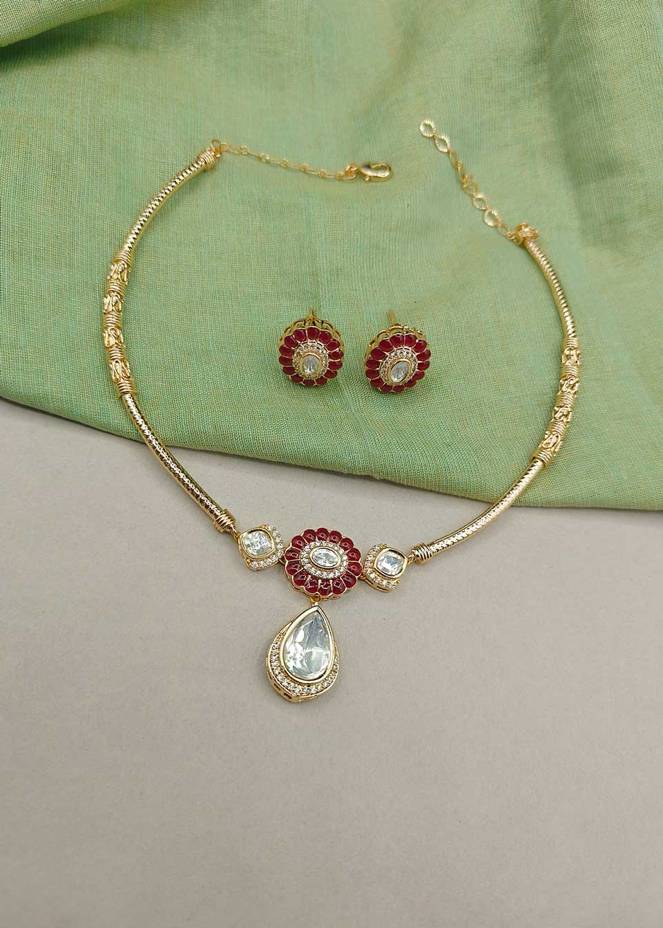 Radiant Gold Plated Cubic Zircon And Kundan Adjustable Short Necklace Set