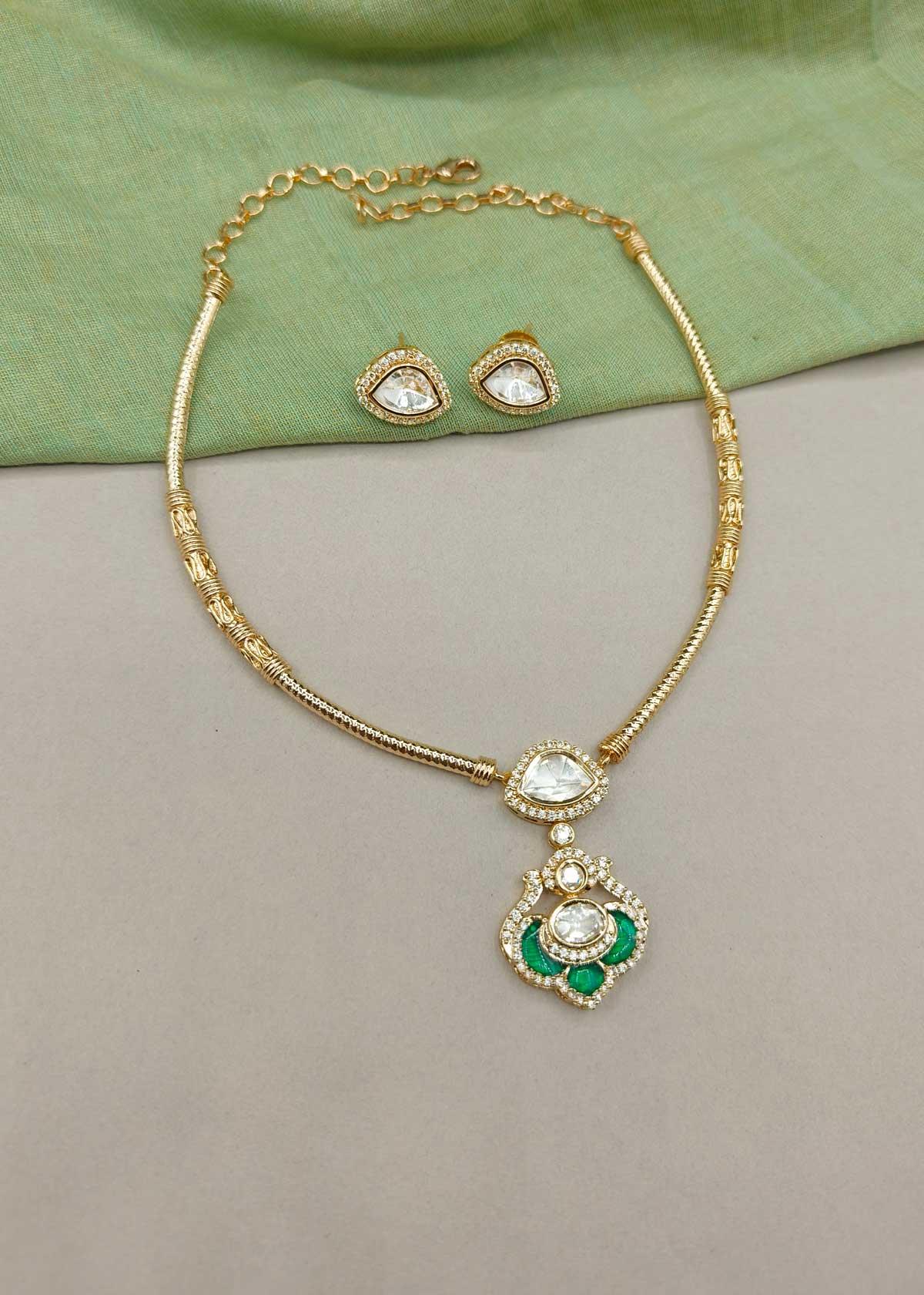 Contemporary Ethnic Gold Plated Kundan & Cubic Zircon Adjustable Short Necklace Set