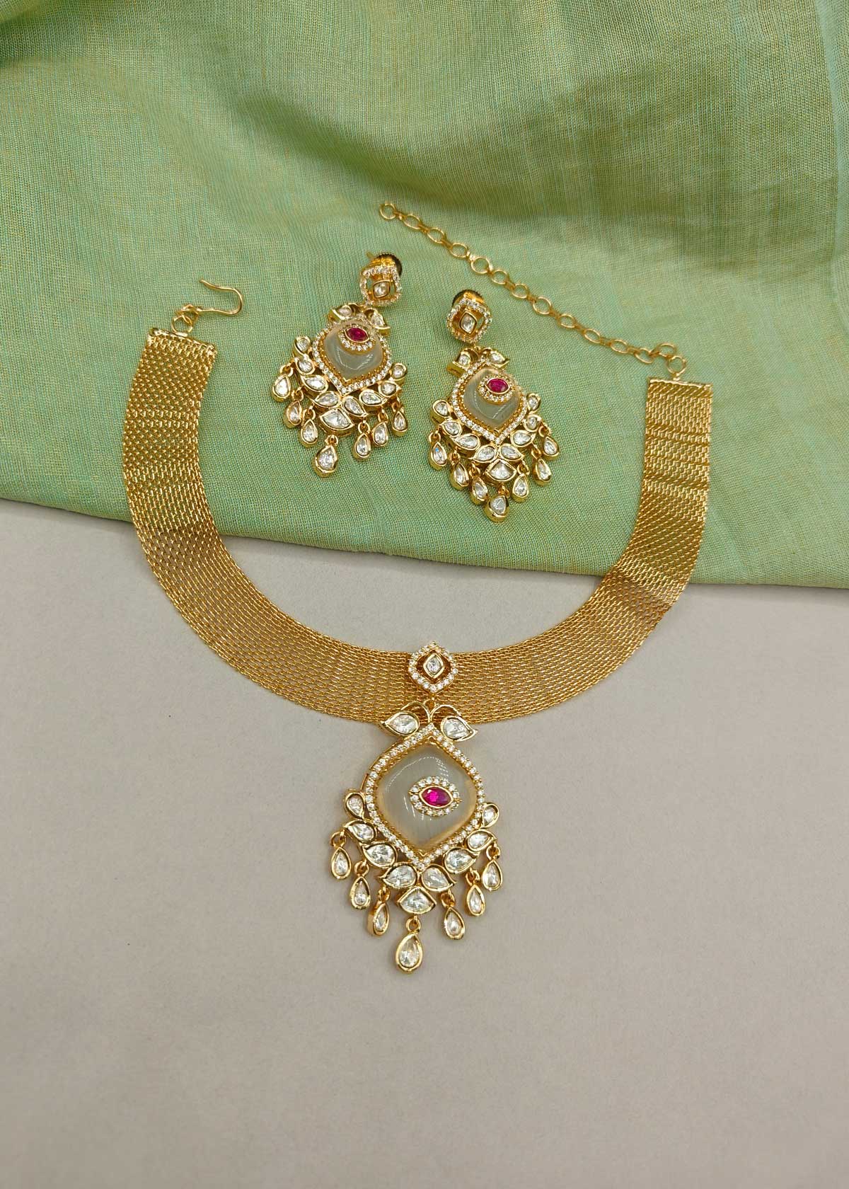 Kundan And Cubic Zircon Mesh Braided Adjustable Choker Necklace Set