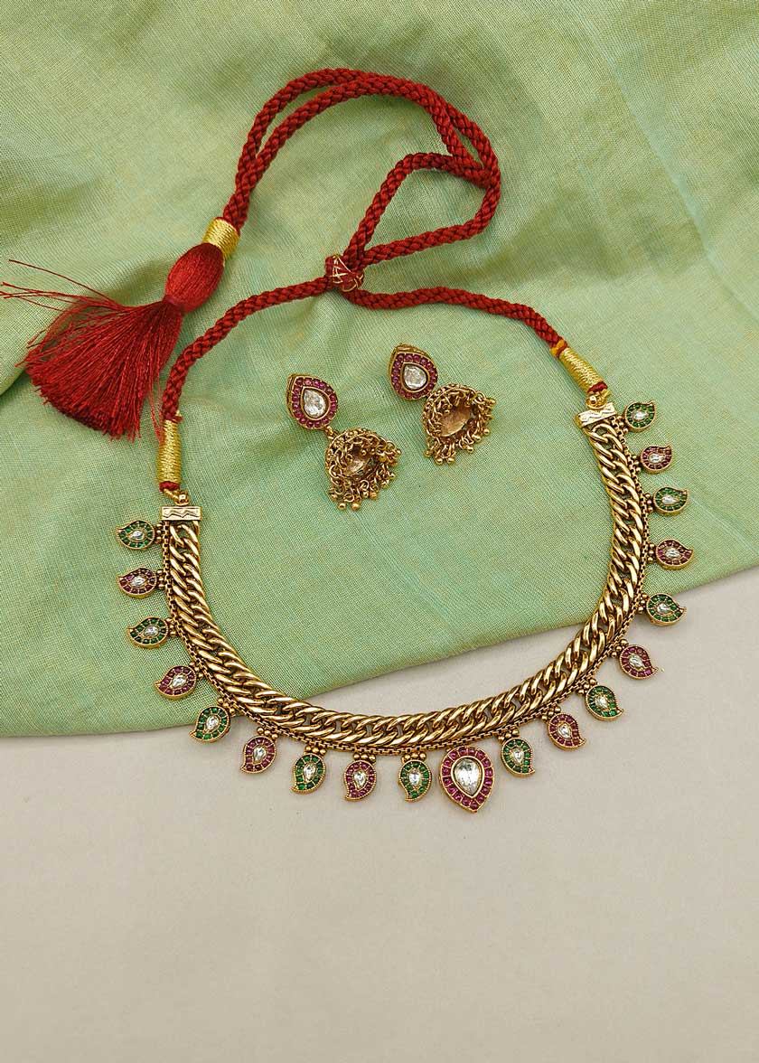 Antique Gold Plated Kundan Braided Chain Design Fully Adjustable Necklace Set