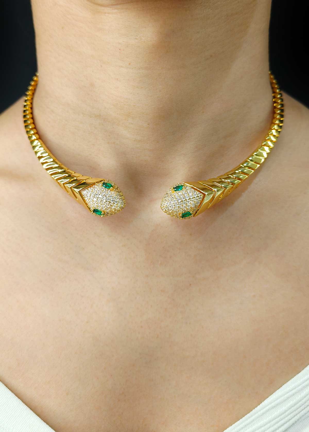 Gold Plated Cubic Zircon Serpent Inspired Motif Openable Stiff Hasli Necklace Set