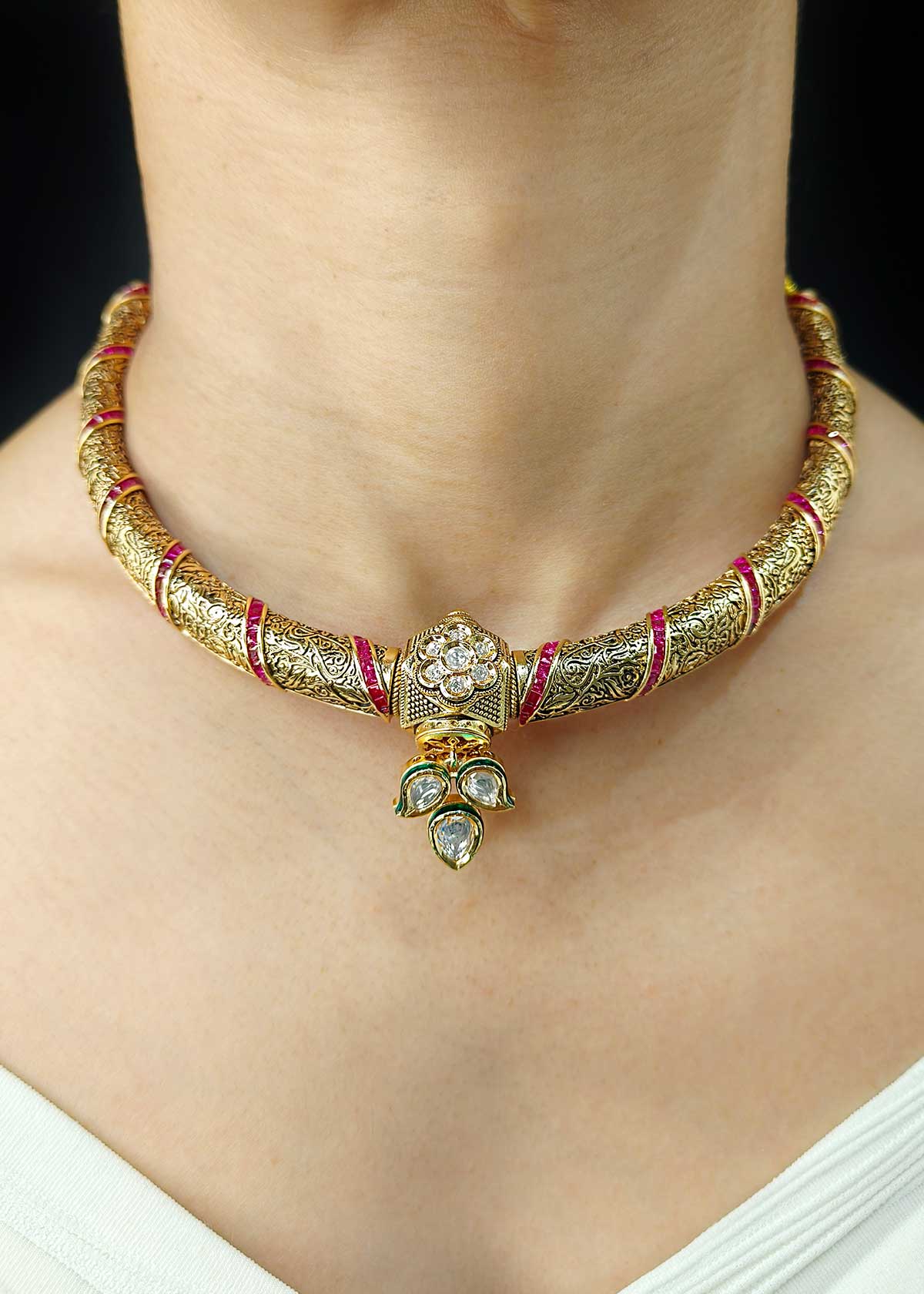 Handcrafted Matt Gold Plated Kundan And Cubic Zircon Engraved Choker Style Short Necklace Set