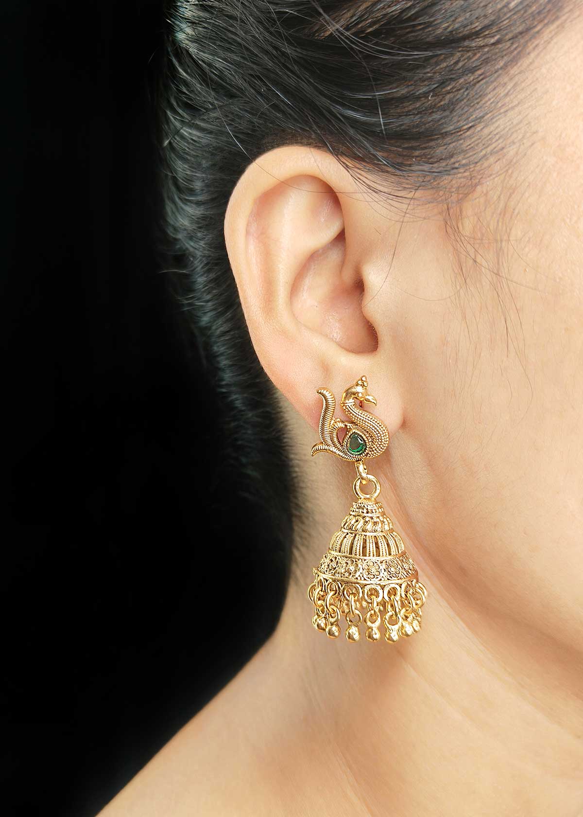 Vintage Style Antique Gold Plated Kemp Peacock Motif Short Necklace Set With Jhumkas